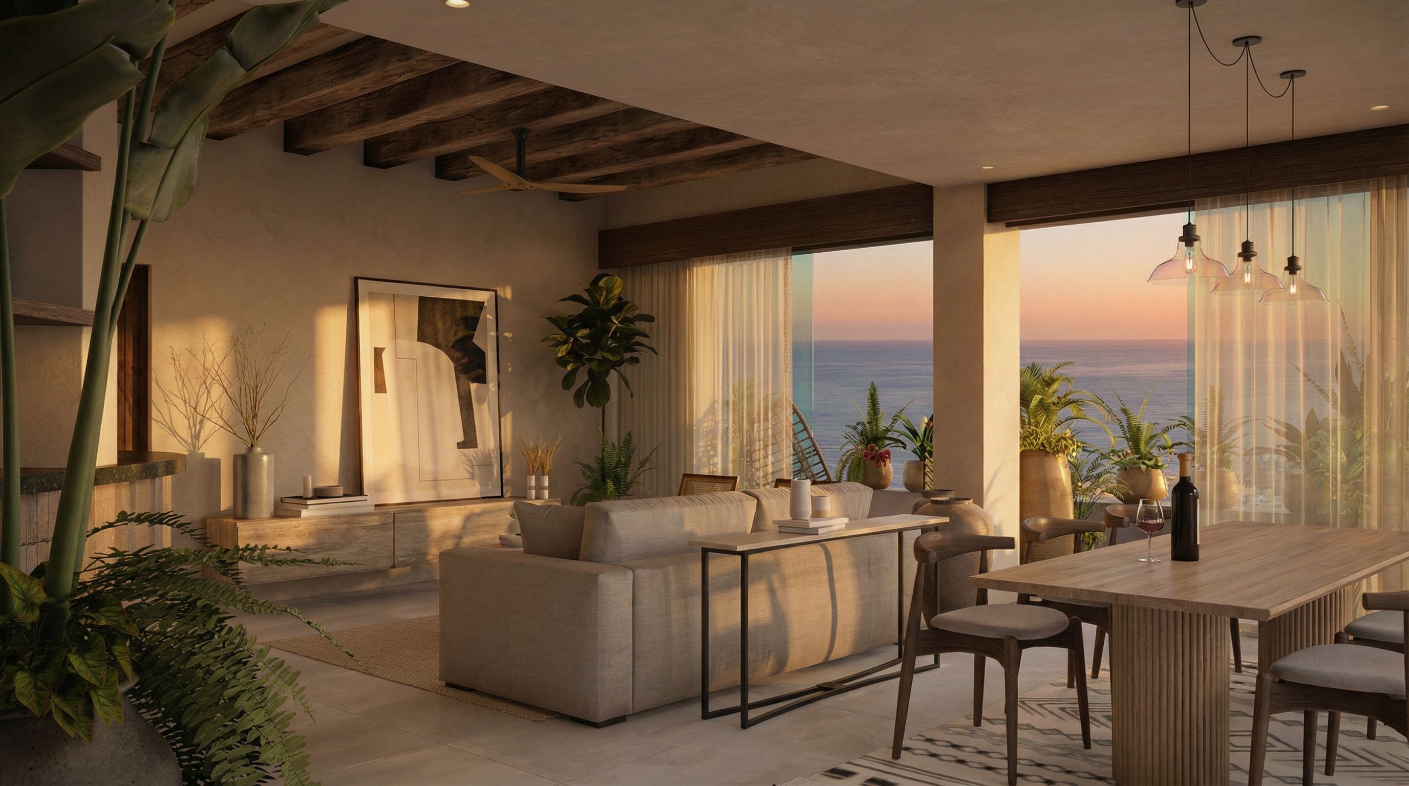 Penthouse Almejas 6 — sala con vigas de madera, sofá de lino y vista al Pacífico al atardecer, Conchas Chinas