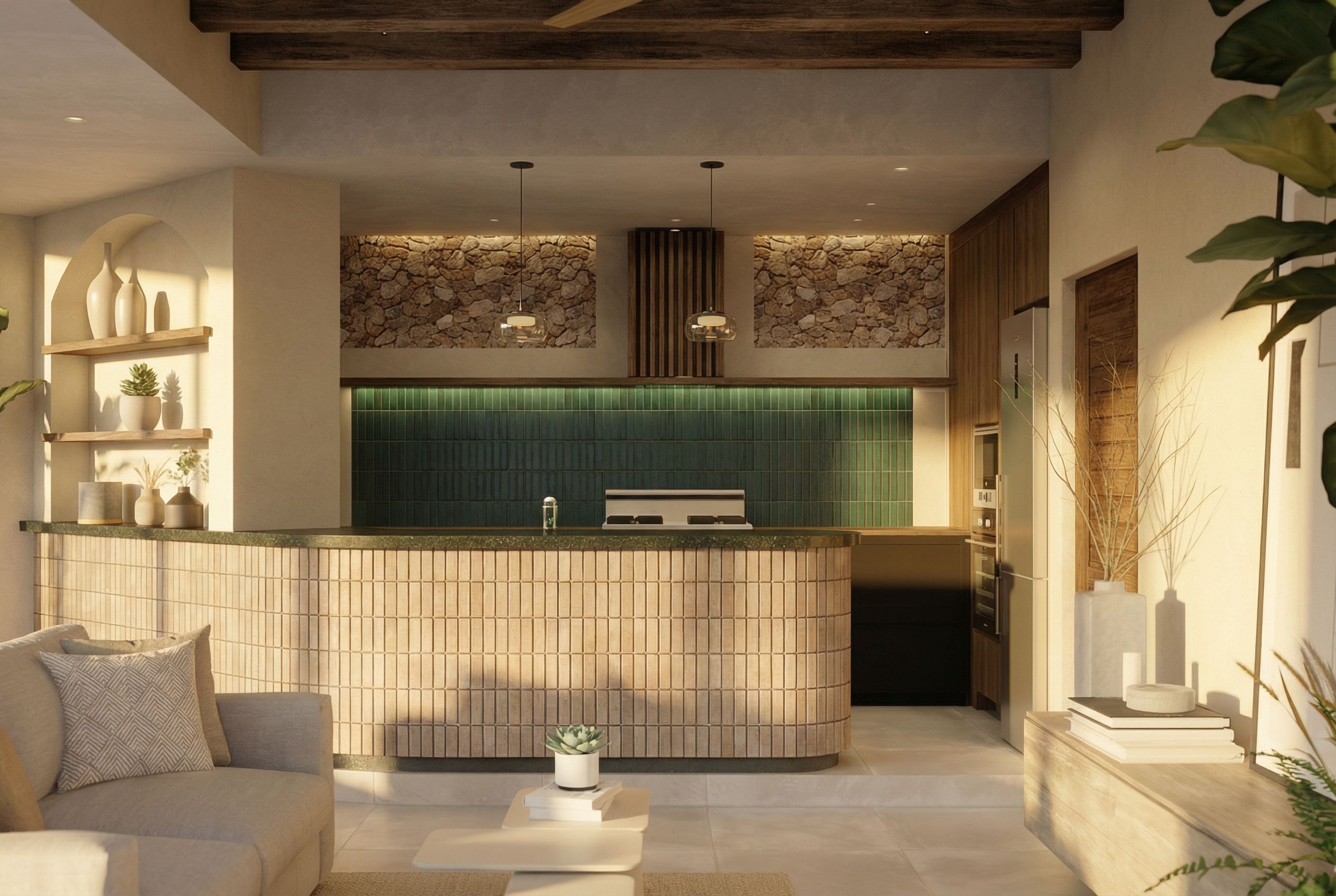 Propuesta cocina Almejas 6 — isla redondeada con azulejo arena, cubierta verde y pared de piedra natural