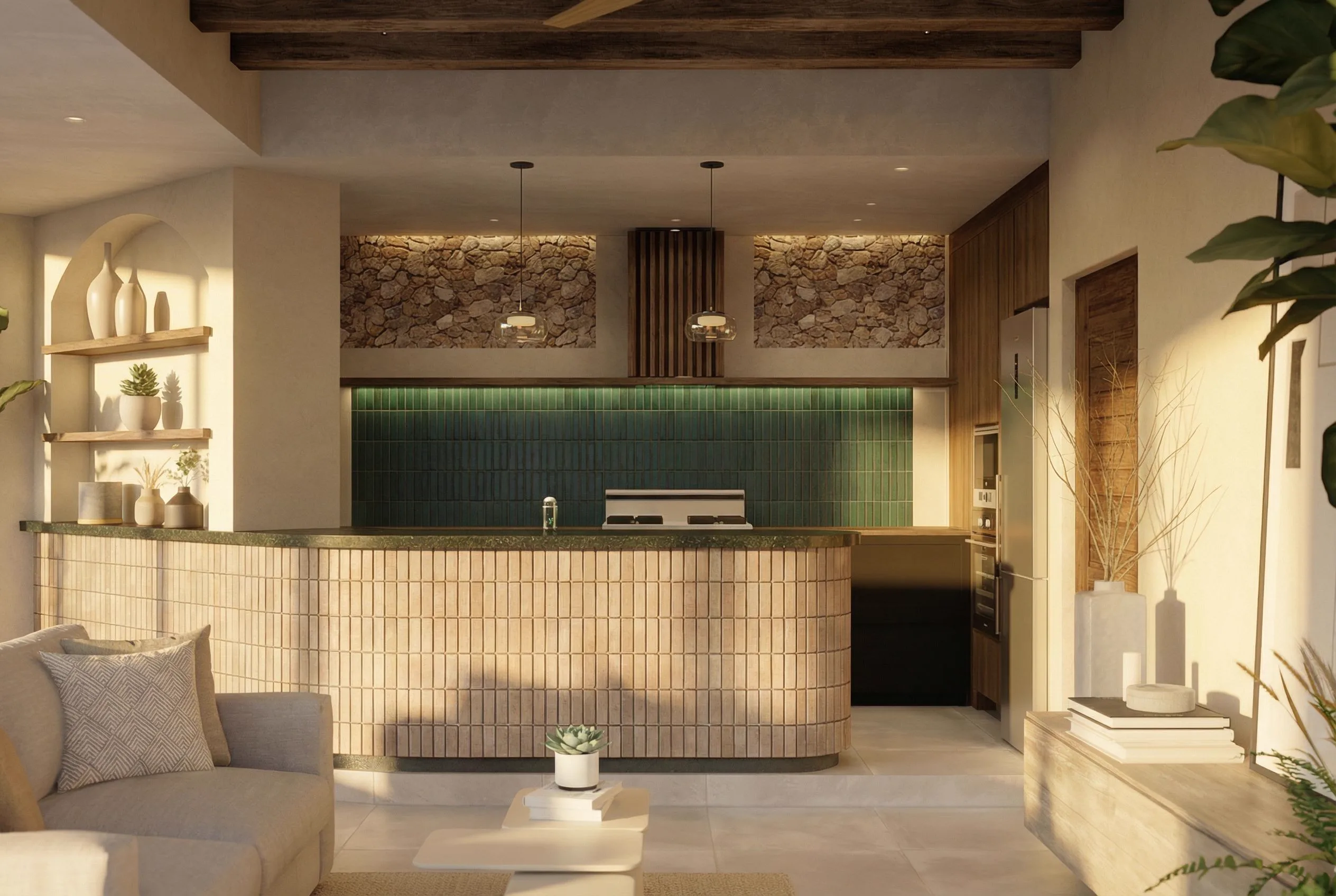 Propuesta cocina Almejas 6 — isla redondeada con azulejo arena, cubierta verde y pared de piedra natural