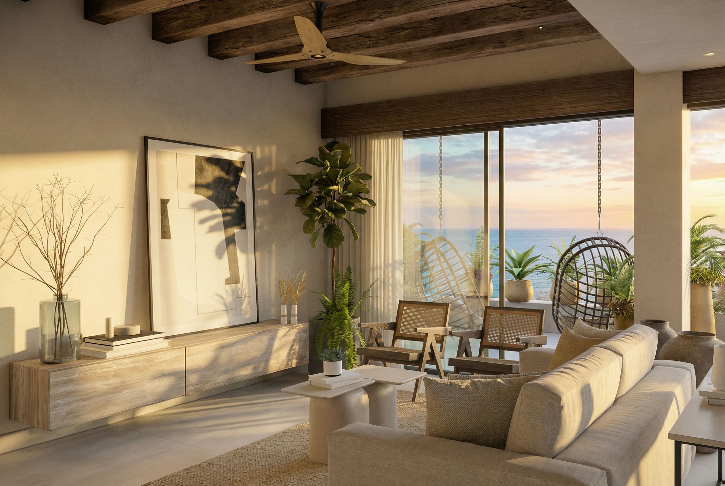 Propuesta sala Almejas 6 — sofá de lino, ratán y silla colgante en terraza con vista al Pacífico al atardecer