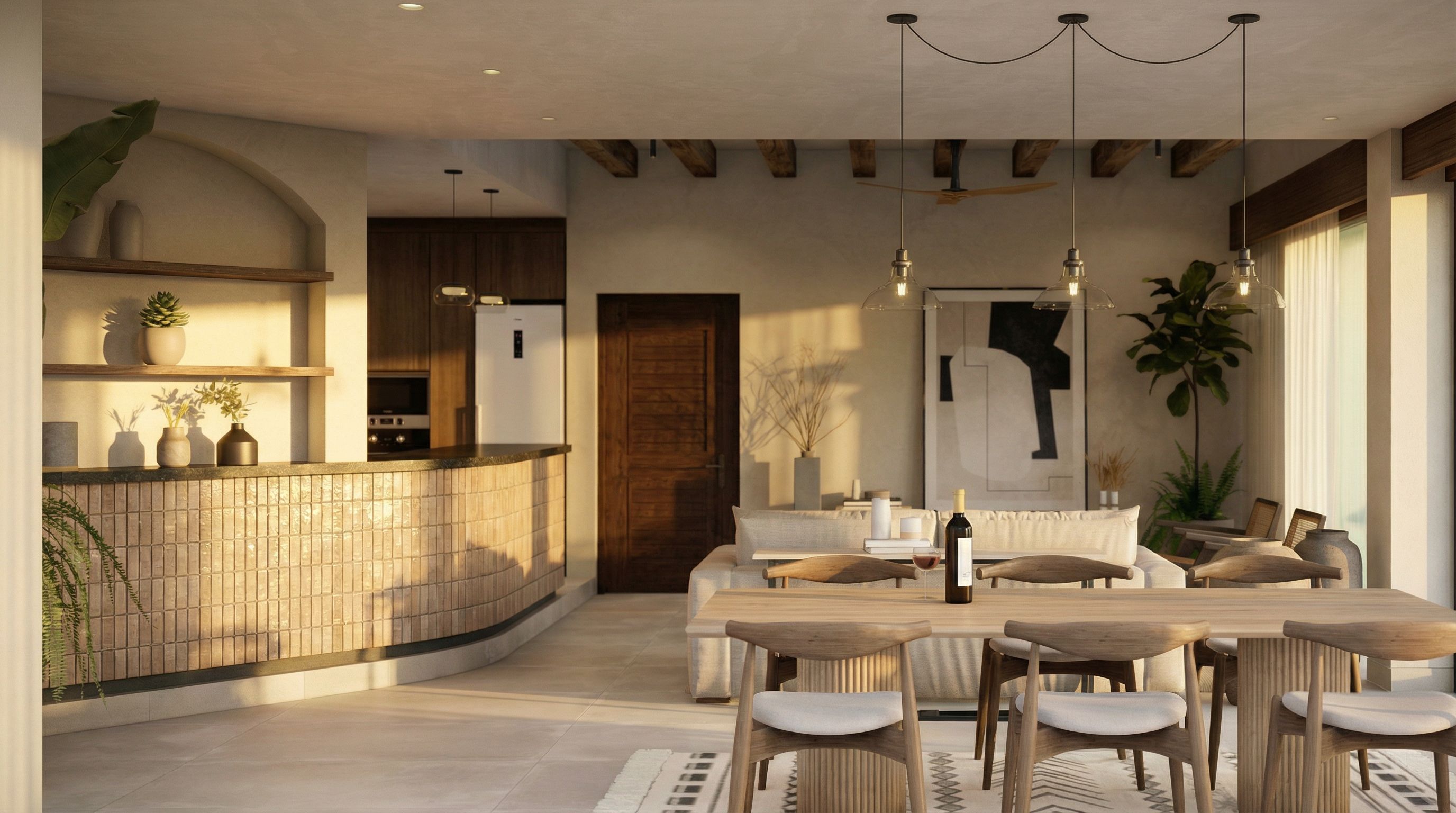 Propuesta comedor y sala Almejas 6 — mesa de madera natural, sillas rattan y cocina integrada al fondo