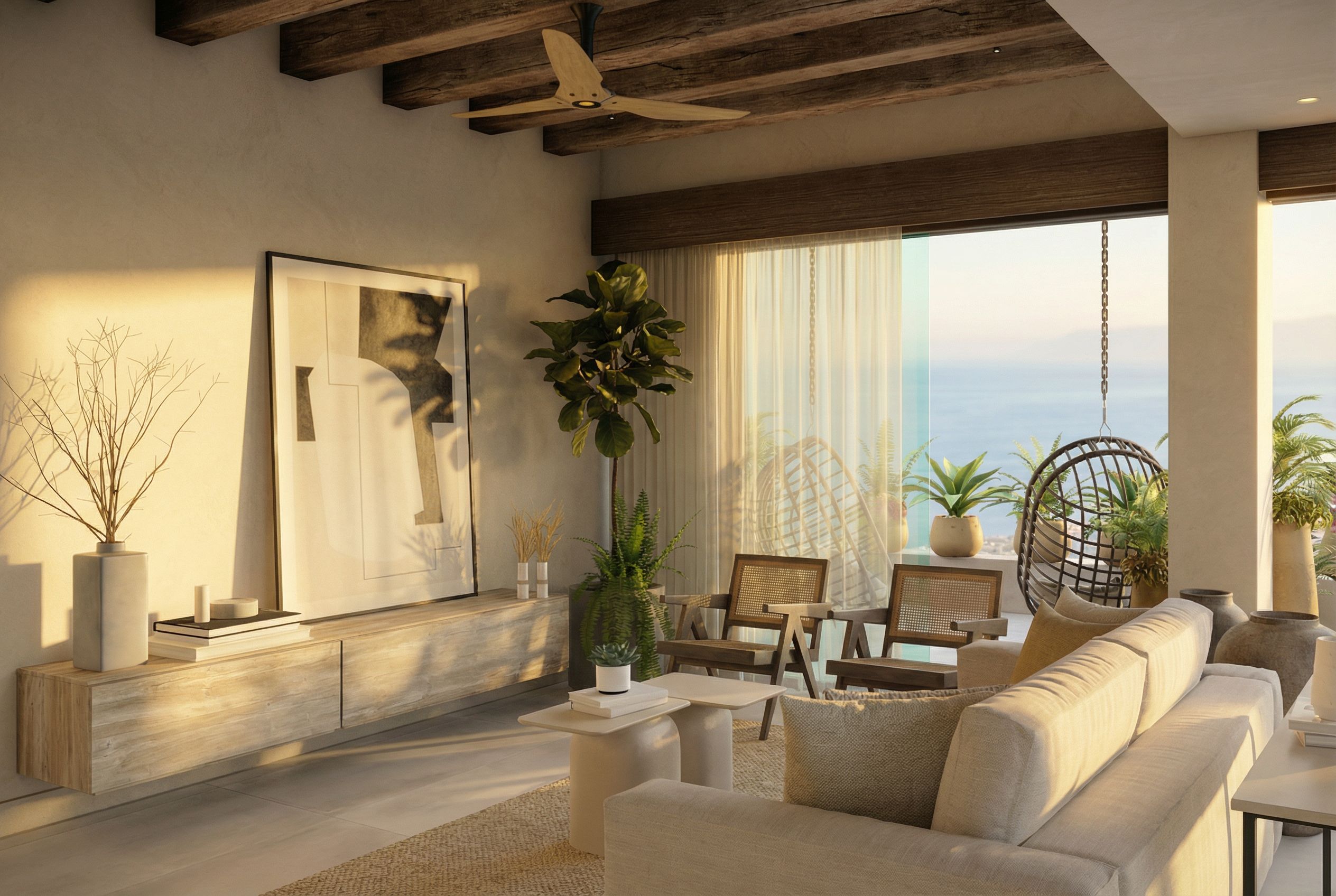 Propuesta sala Almejas 6 — sala con vigas de madera, mueble bajo natural y ventanería al Pacífico al atardecer
