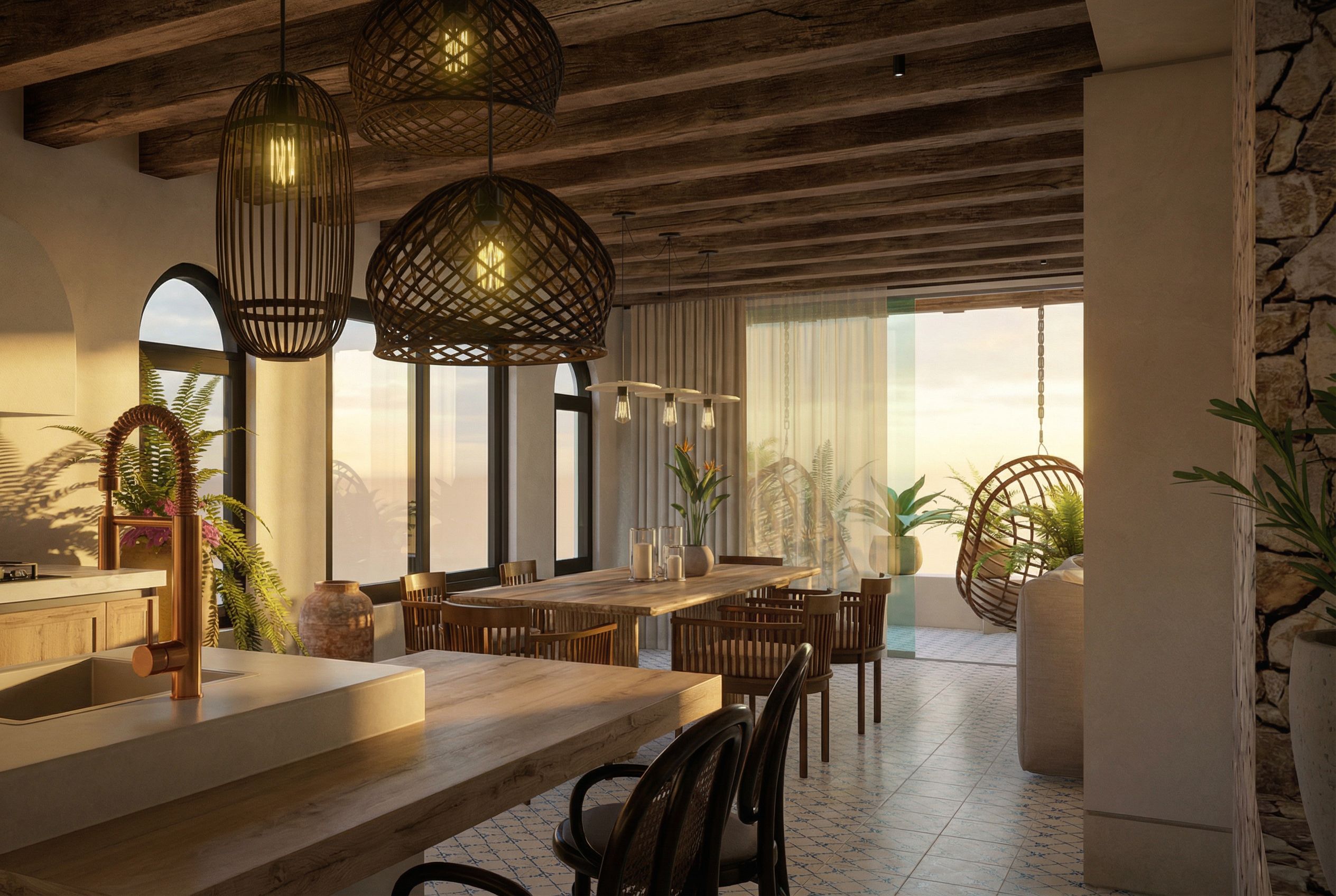 Penthouse Almejas 8 — comedor y sala con vigas de madera, lámparas de ratán y vista al Pacífico al atardecer, Conchas Chinas