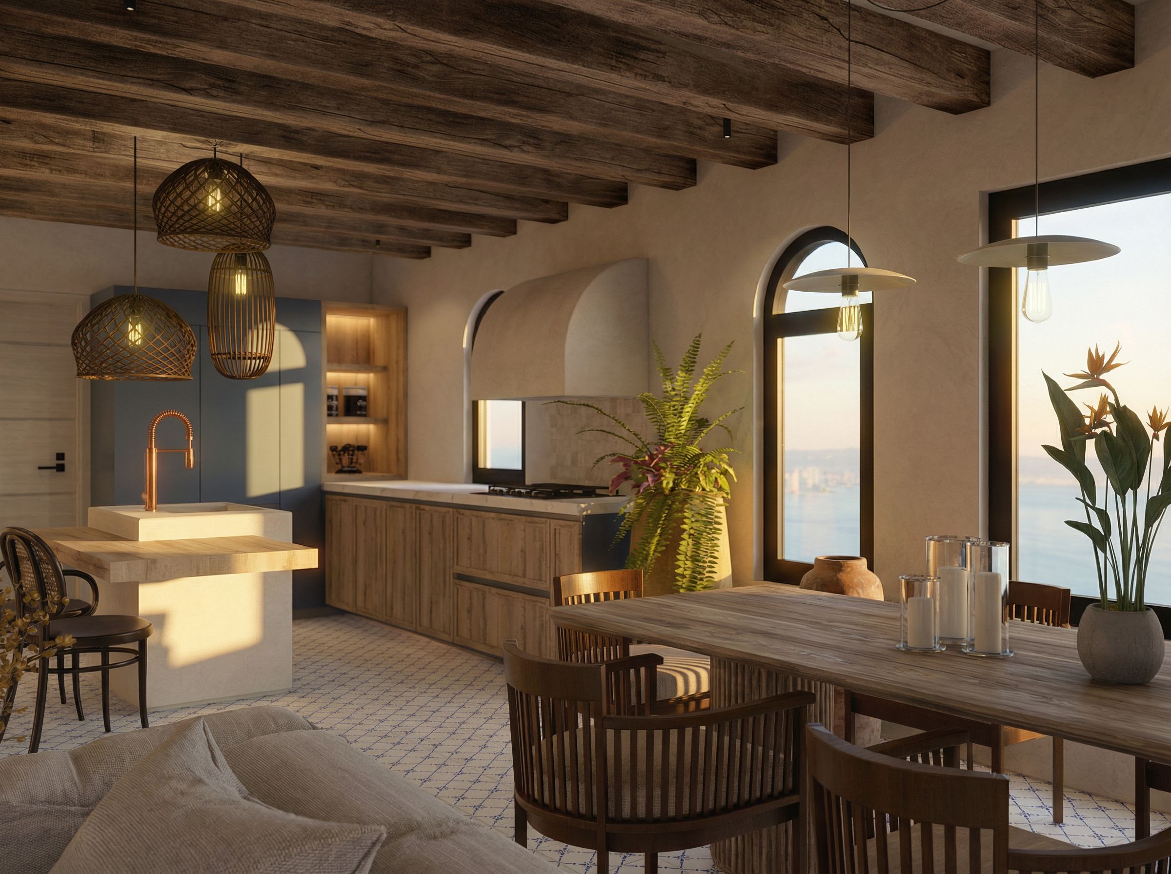 Propuesta cocina y comedor Almejas 8 — isla de madera natural, lámparas de ratán y vista al Pacífico al atardecer