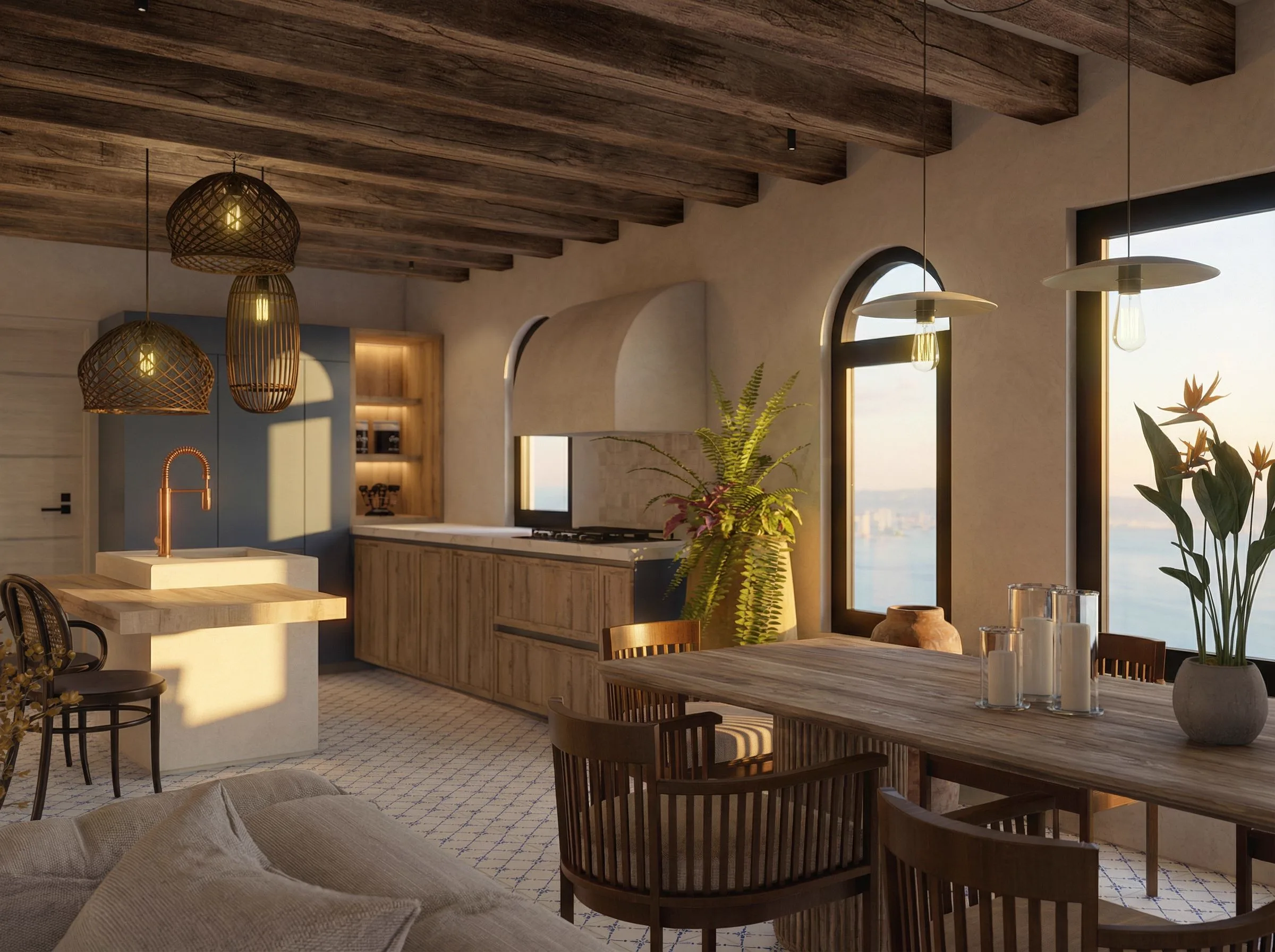 Propuesta cocina y comedor Almejas 8 — isla de madera natural, lámparas de ratán y vista al Pacífico al atardecer