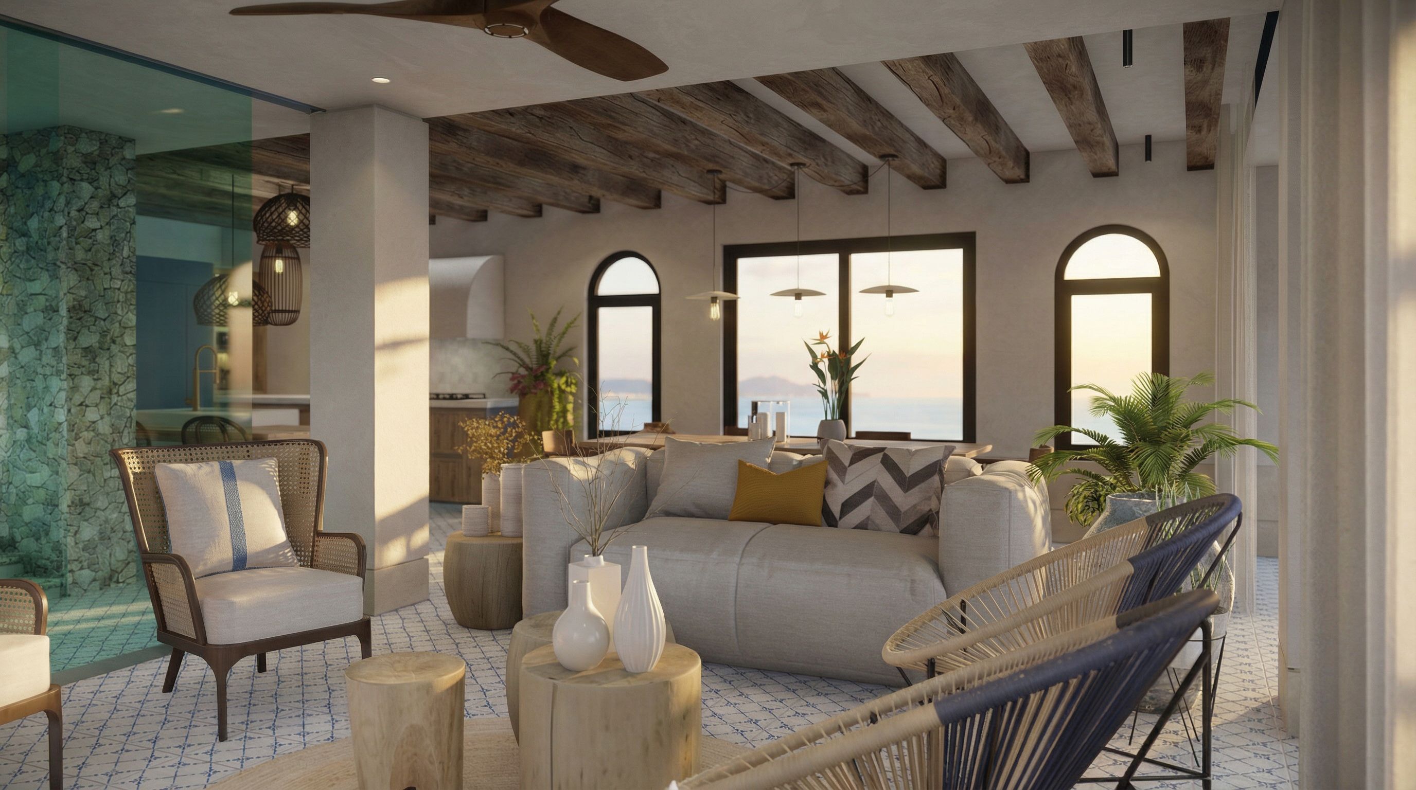 Propuesta sala completa Almejas 8 — sala de doble vista con piedra verde, sofá y ventanería al Pacífico