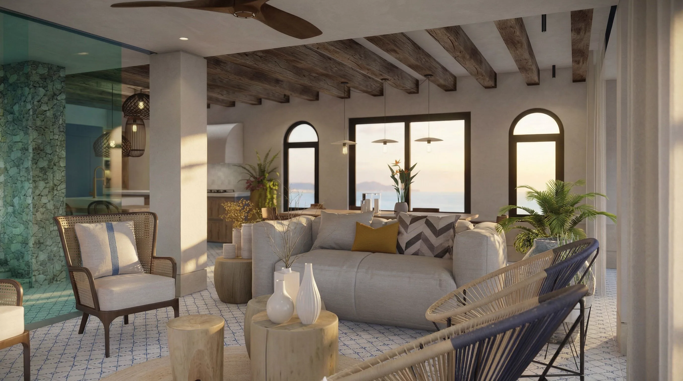 Propuesta sala completa Almejas 8 — sala de doble vista con piedra verde, sofá y ventanería al Pacífico