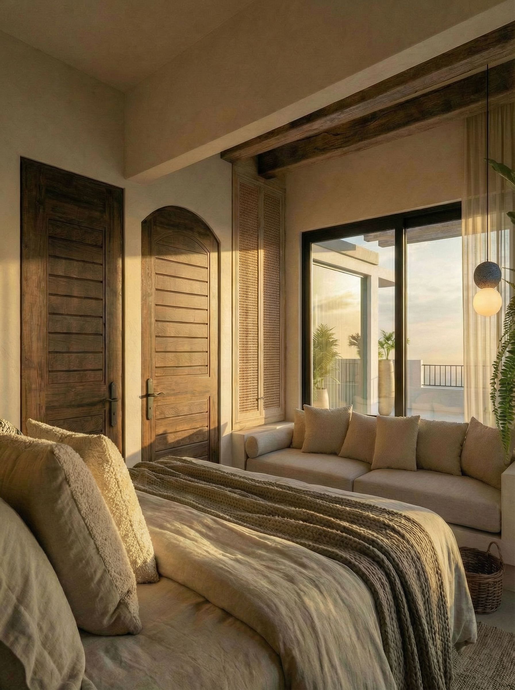 Propuesta recámara Almejas 8 — cama de lino, vigas de madera y vista al Pacífico al atardecer desde la cama