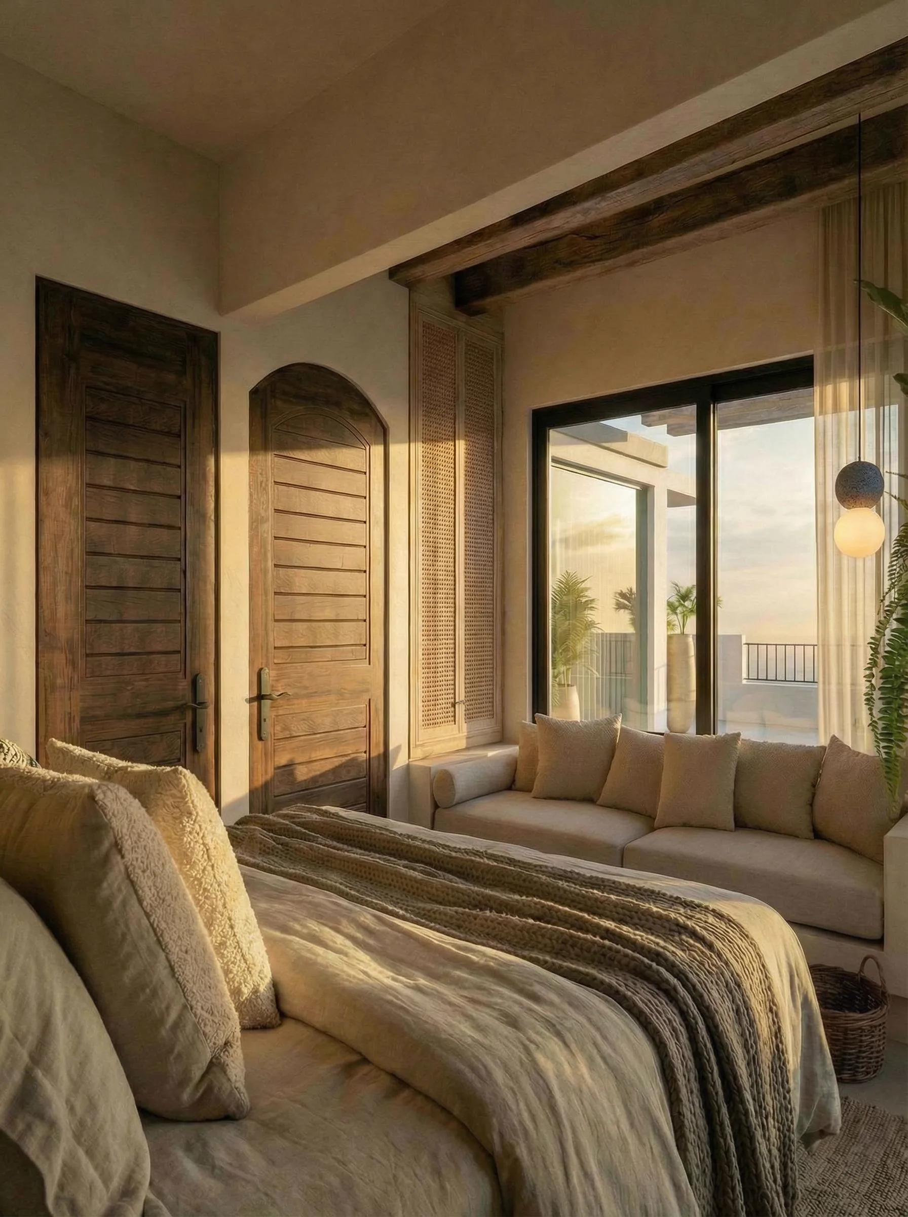 Propuesta recámara Almejas 8 — cama de lino, vigas de madera y vista al Pacífico al atardecer desde la cama