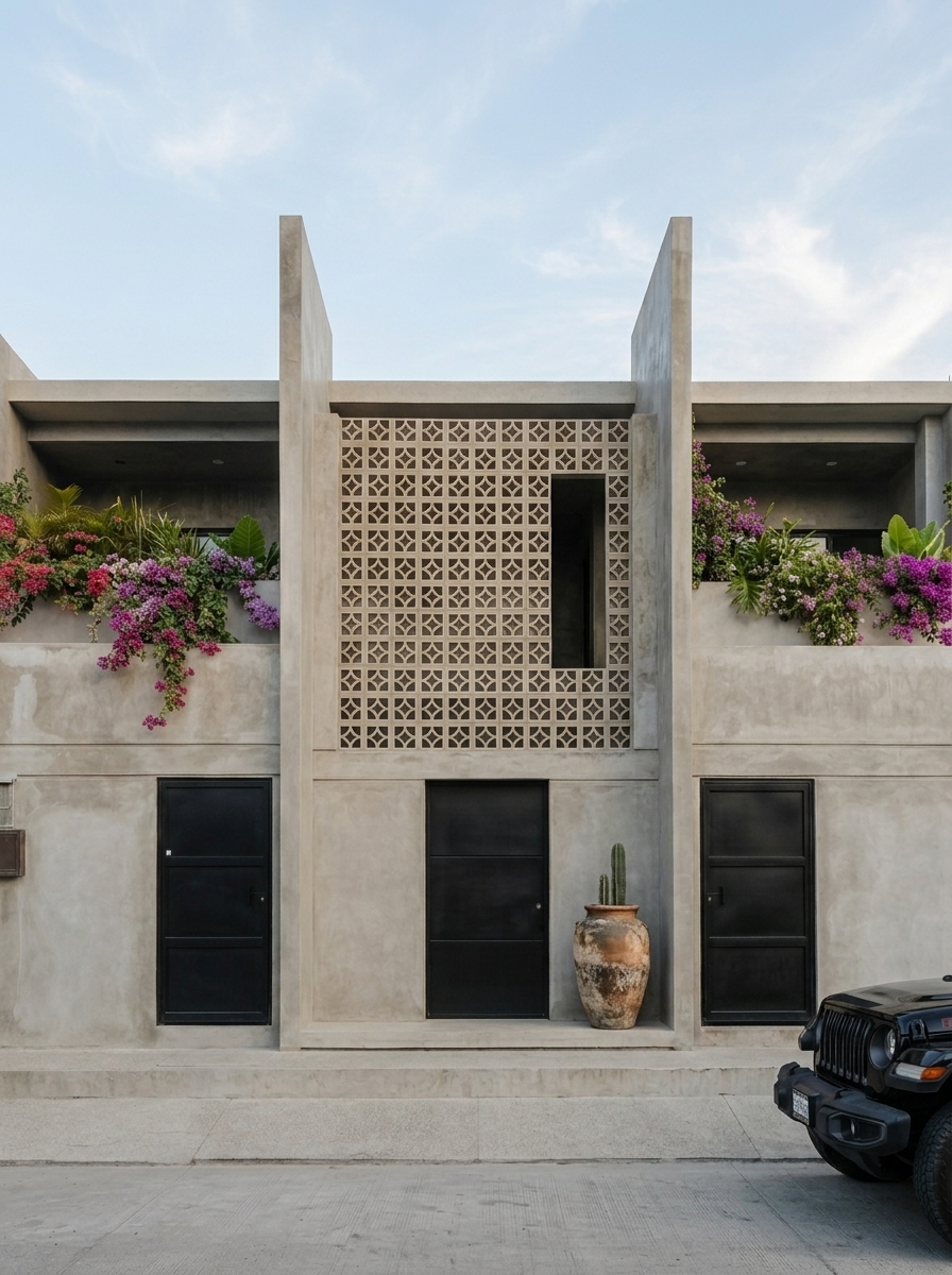 Argentina Departamentos — fachada con celosía artesanal de concreto, puertas negras y bougainvillea, Puerto Vallarta