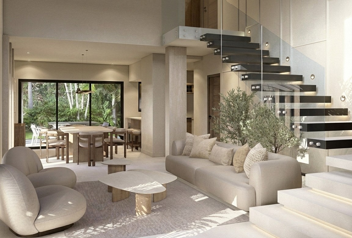 Flamingos H28 — Sala con escalera flotante y árbol de olivo, Cruz de Huanacaxtle