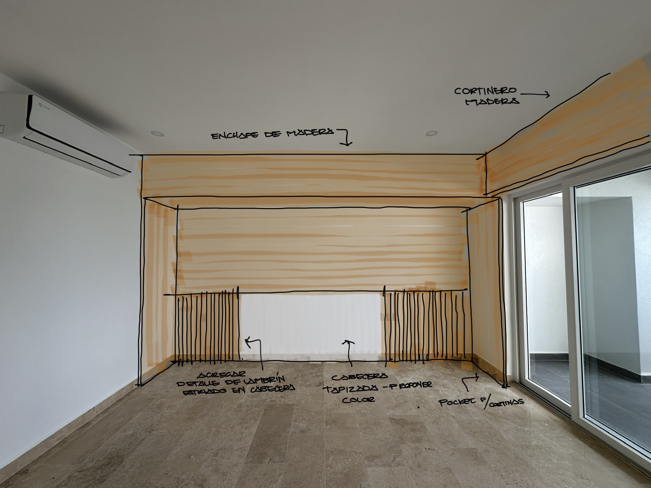 Boceto de recámara — enchape madera y cabecero tapizado — Harbor 107