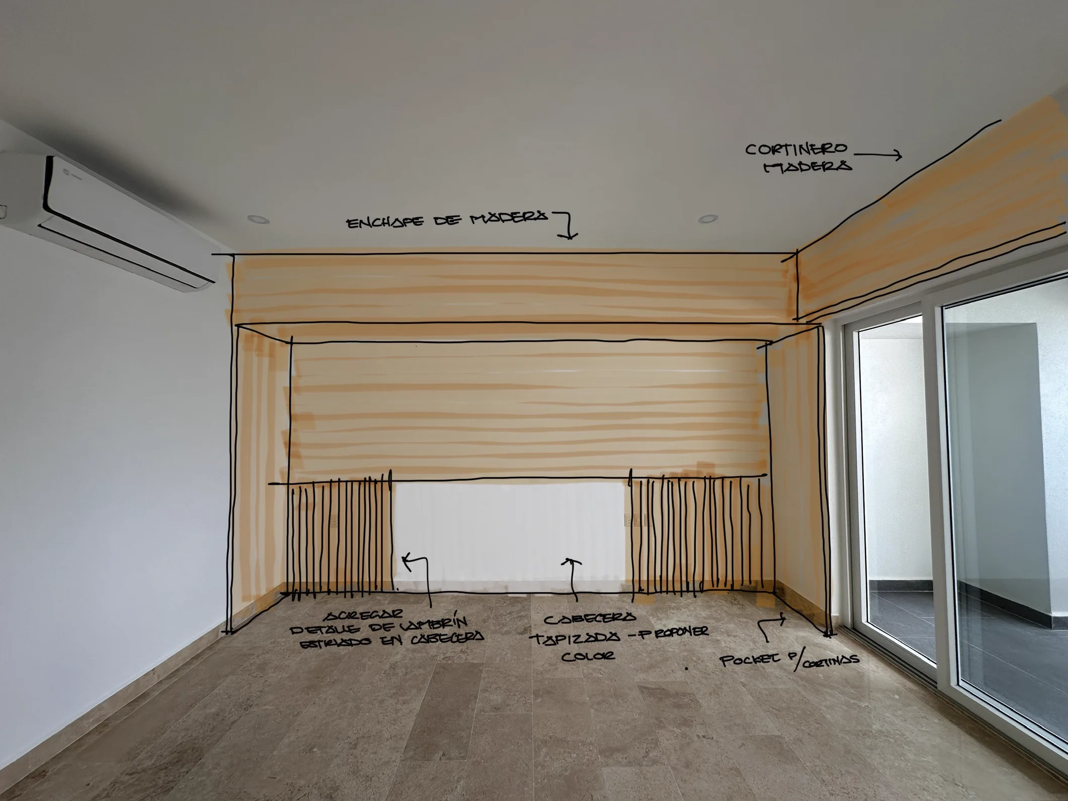 Boceto de recámara — enchape madera y cabecero tapizado — Harbor 107