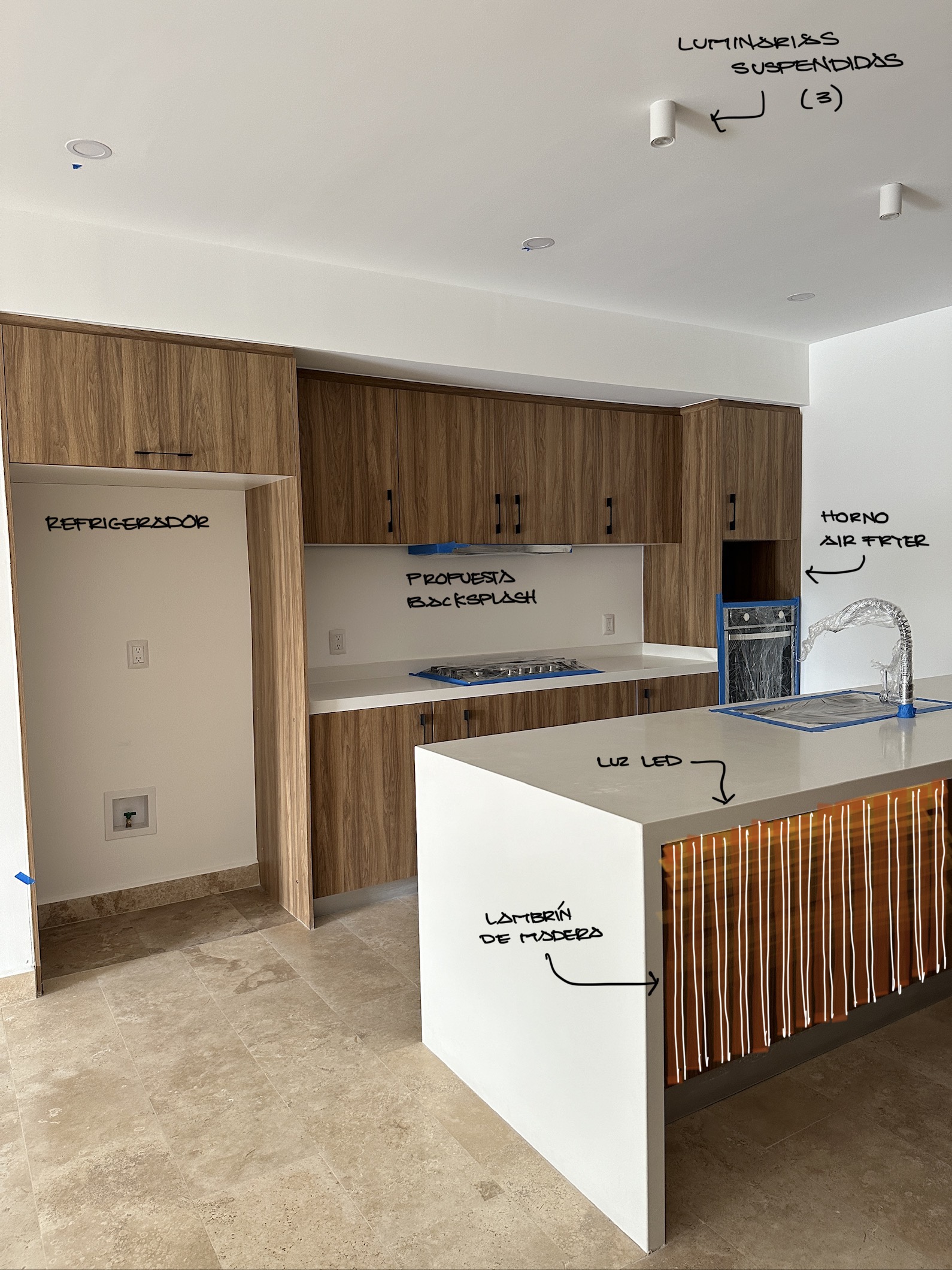 Boceto de cocina — luminarias y lambrín de madera — Harbor 107
