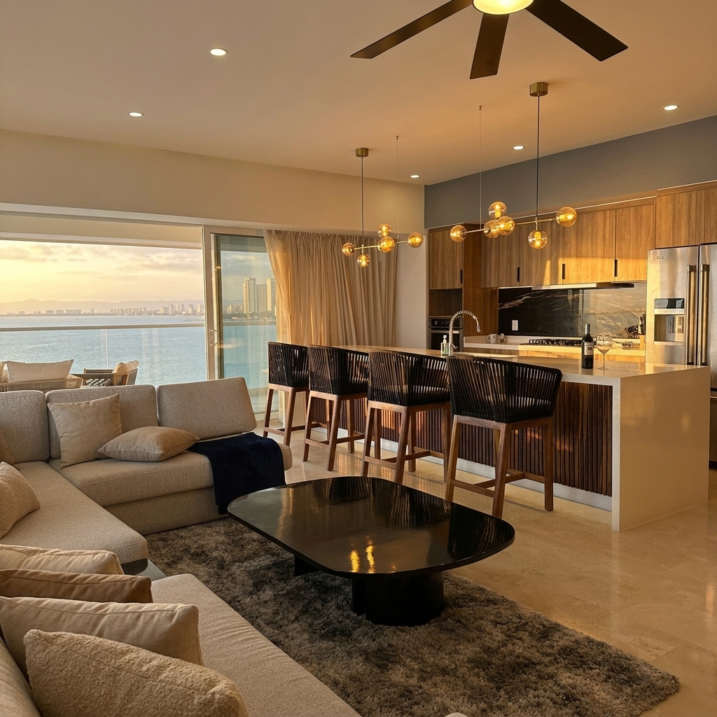 Sala principal y cocina al atardecer — Harbor 401