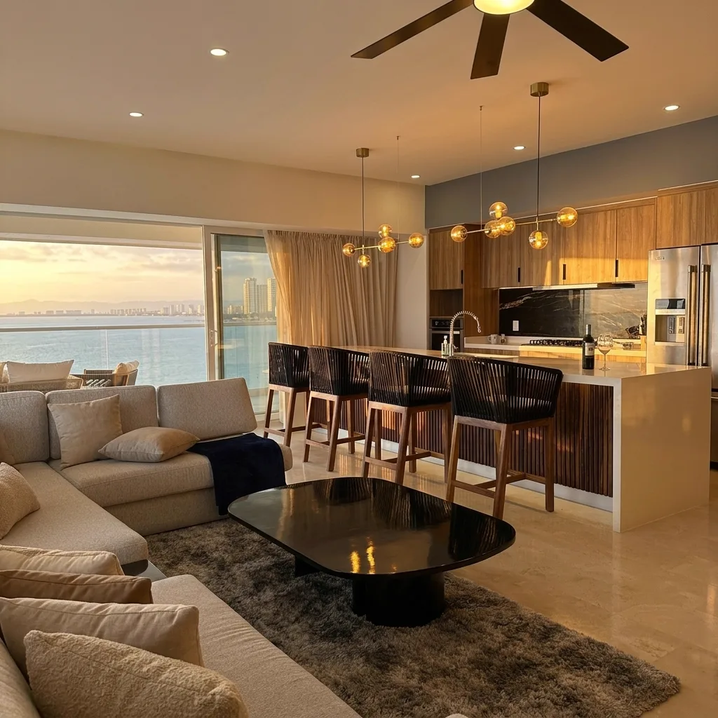 Sala principal y cocina al atardecer — Harbor 401