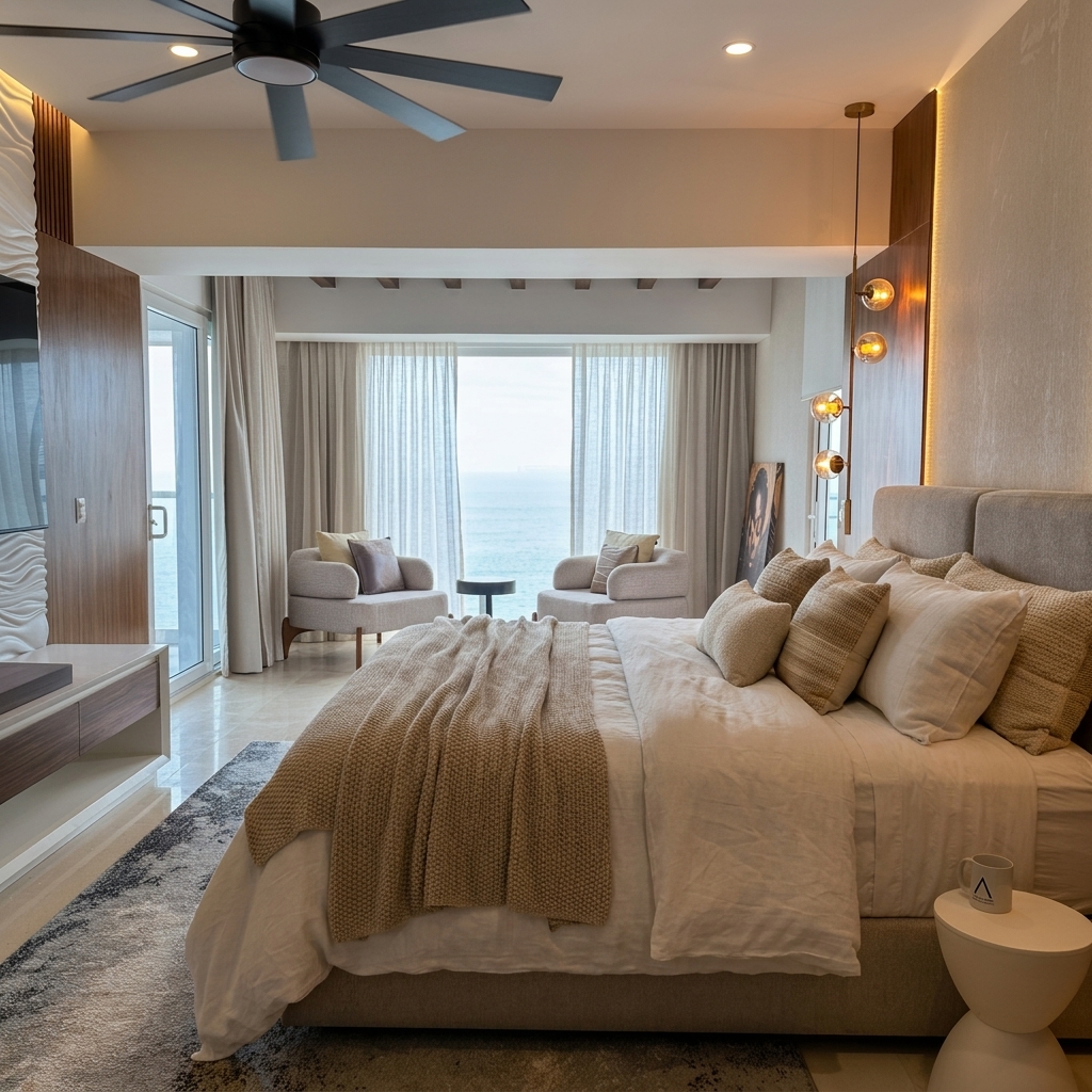 Recámara principal — cama y sillones, vista al mar — Harbor 401