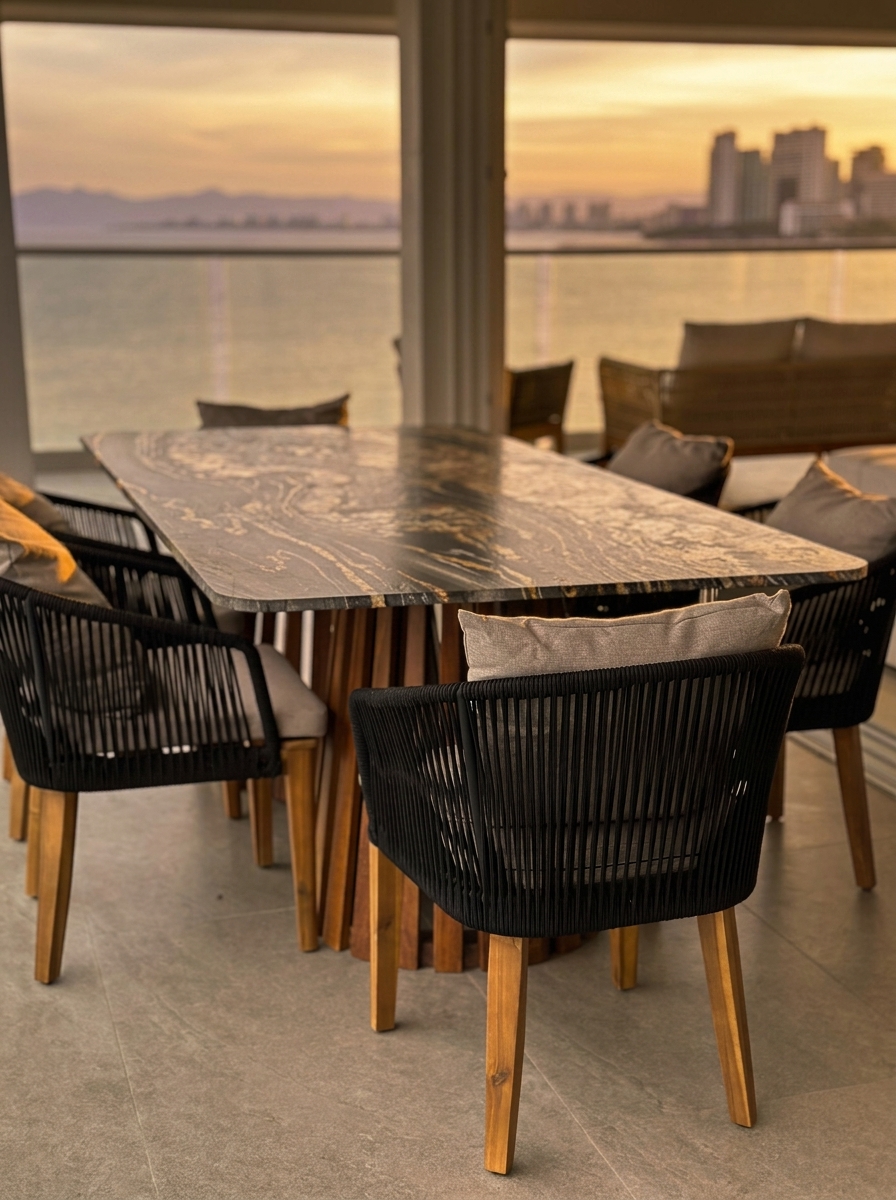 Terraza — mesa de mármol negro al atardecer — Harbor 401