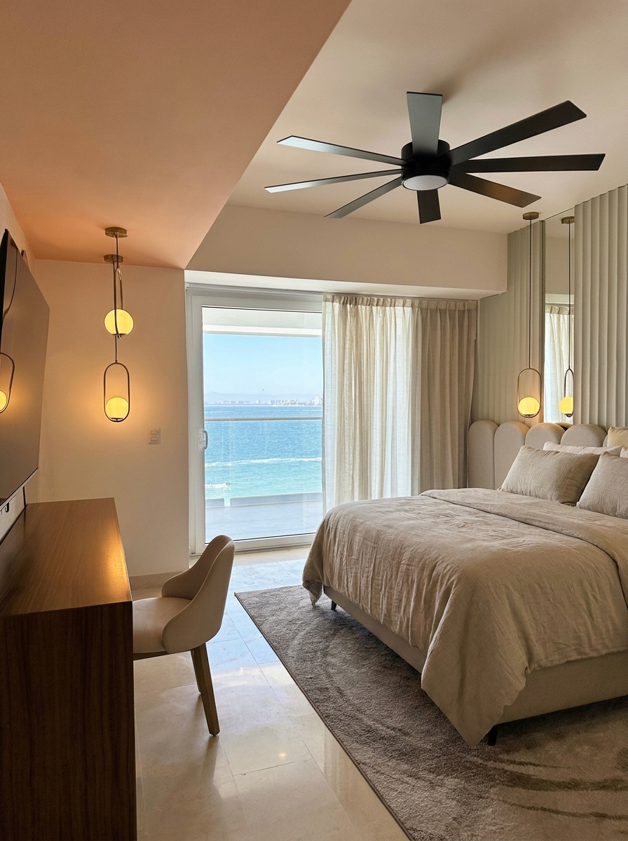 Recámara principal — luz de día, ventanal al mar — Harbor 401