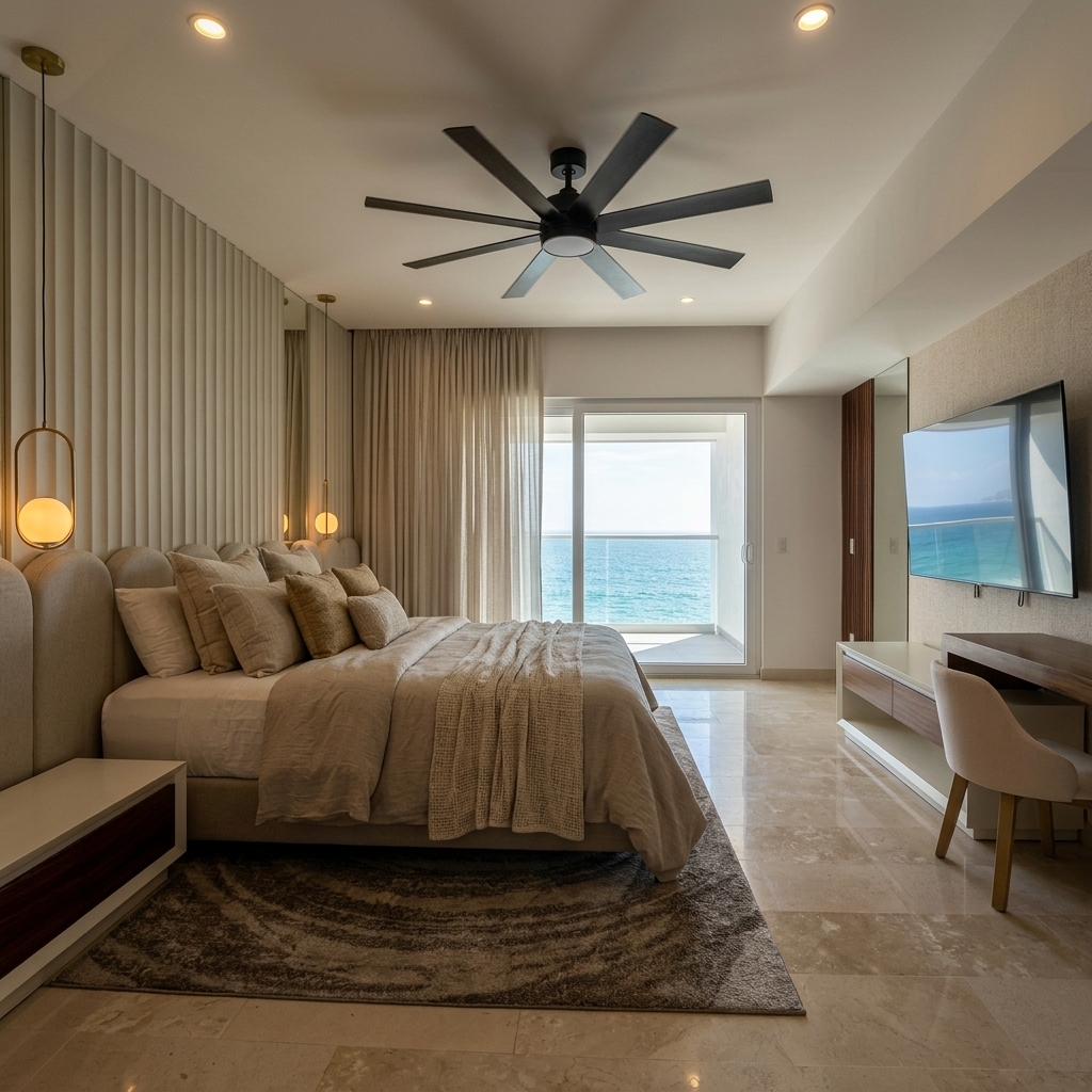 Recámara principal — vista cenital, ventanal al mar azul — Harbor 401