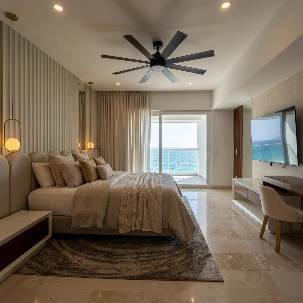 Recámara principal — vista cenital, ventanal al mar azul — Harbor 401