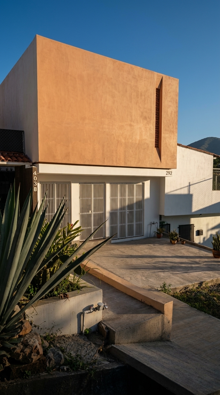 Vista lateral Las Torres — luz dorada sobre fachada de microconcreto con agave en primer plano