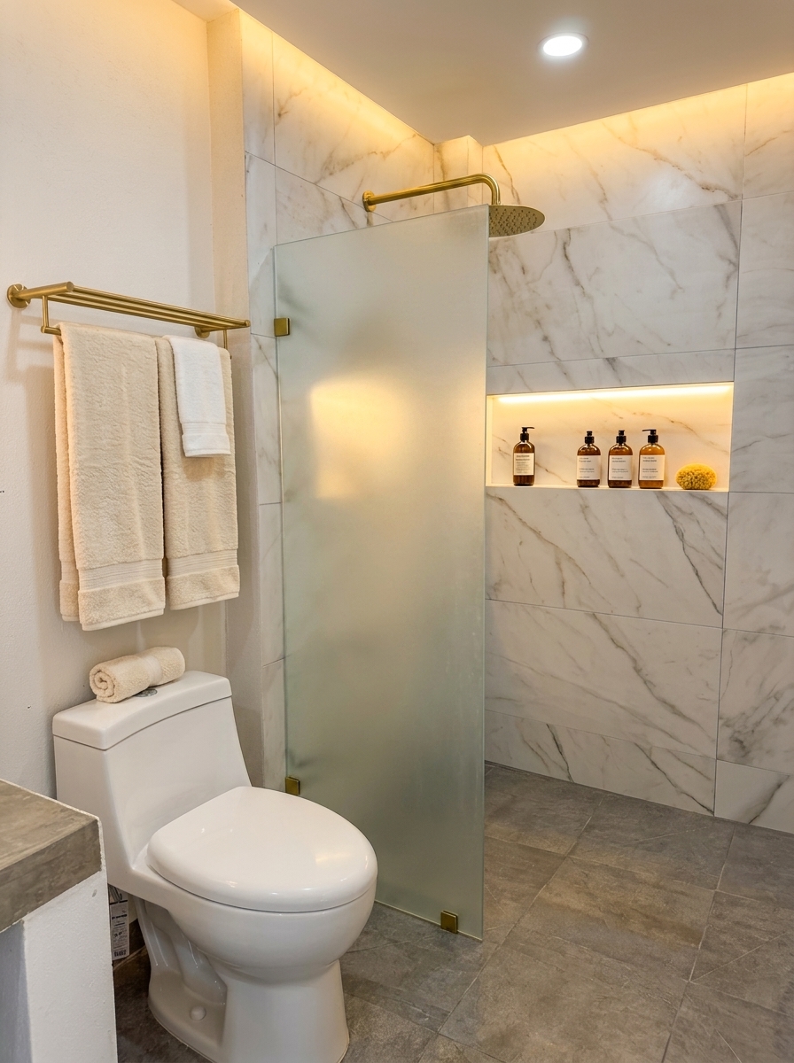 Interior Las Torres — espacio con acabados de concreto pulido, skylight y baño con azulejo Carrara