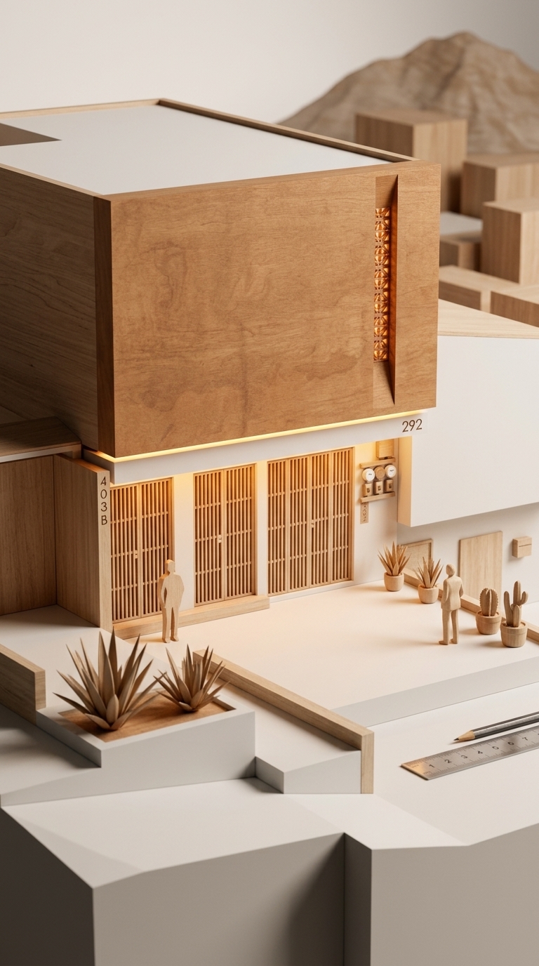 Maqueta arquitectónica de Las Torres — modelo a escala en madera con celosía artesanal