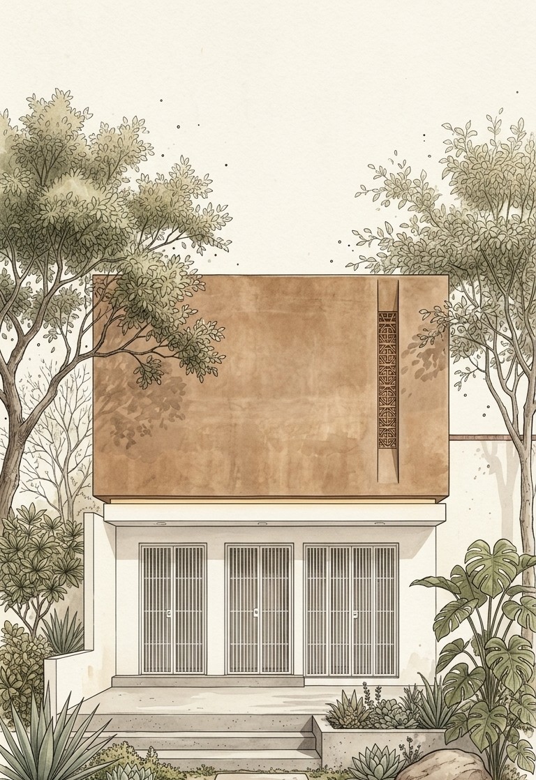 Ilustración estilo acuarela de la fachada Las Torres — volumetría con vegetación tropical