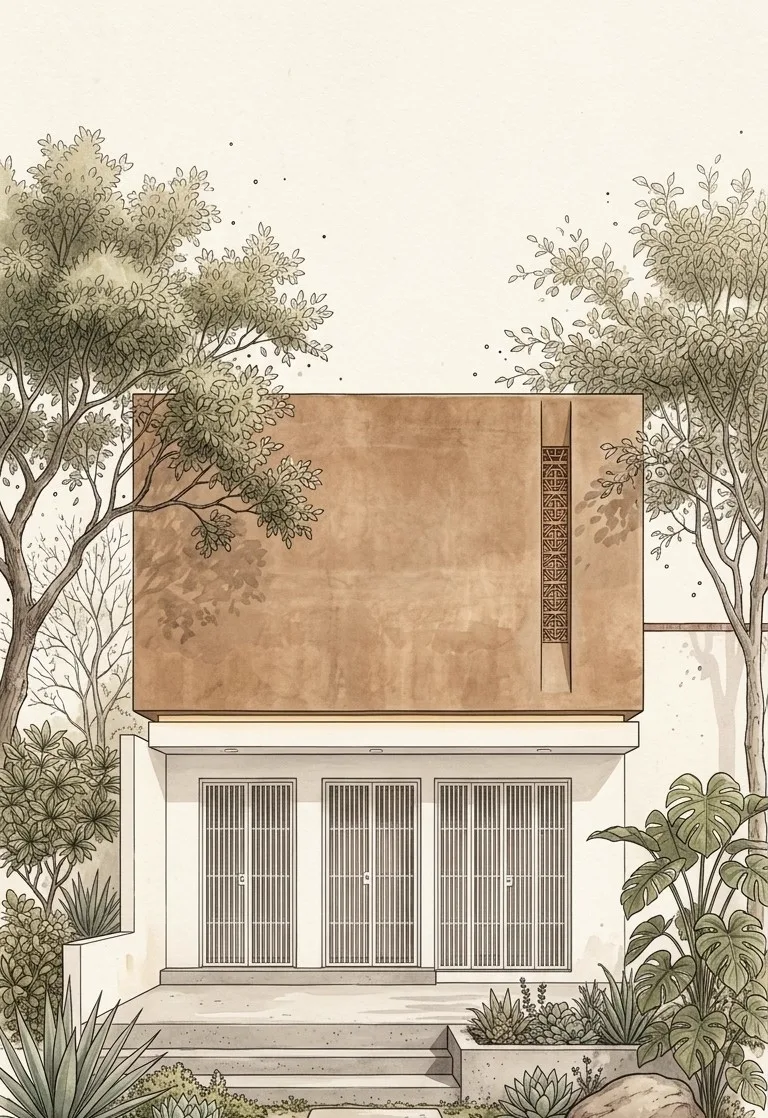 Ilustración estilo acuarela de la fachada Las Torres — volumetría con vegetación tropical