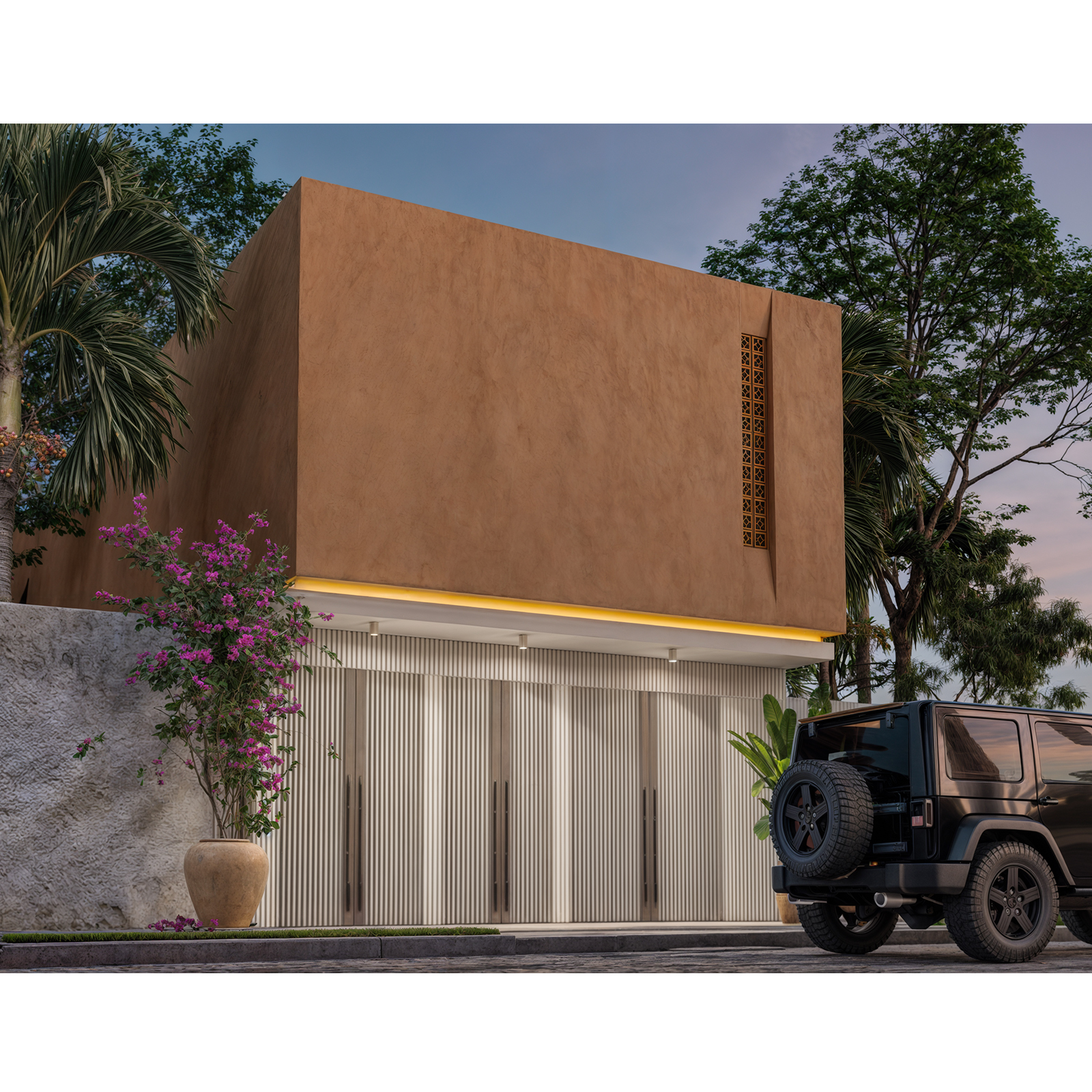 Las Torres Departamentos — fachada nueva con celosía artesanal iluminada, Puerto Vallarta