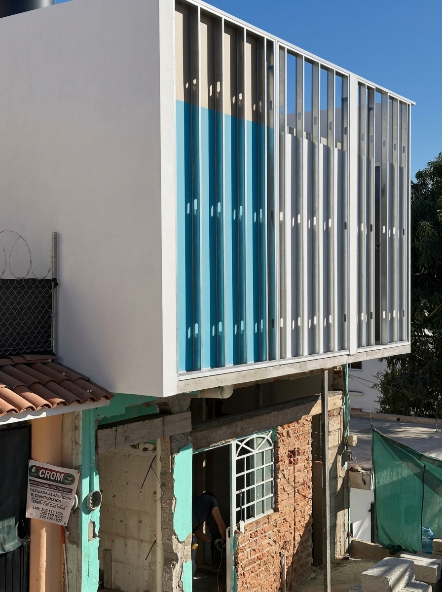 Estructura metálica del volado al atardecer — sistema de acero que proyecta el segundo nivel