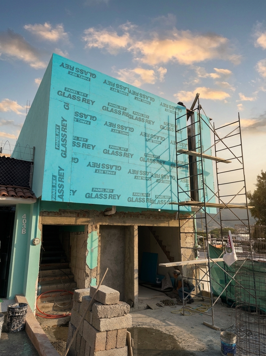 Panel Glass Rey en fachada al atardecer — cerramiento exterior con andamio y puesta de sol