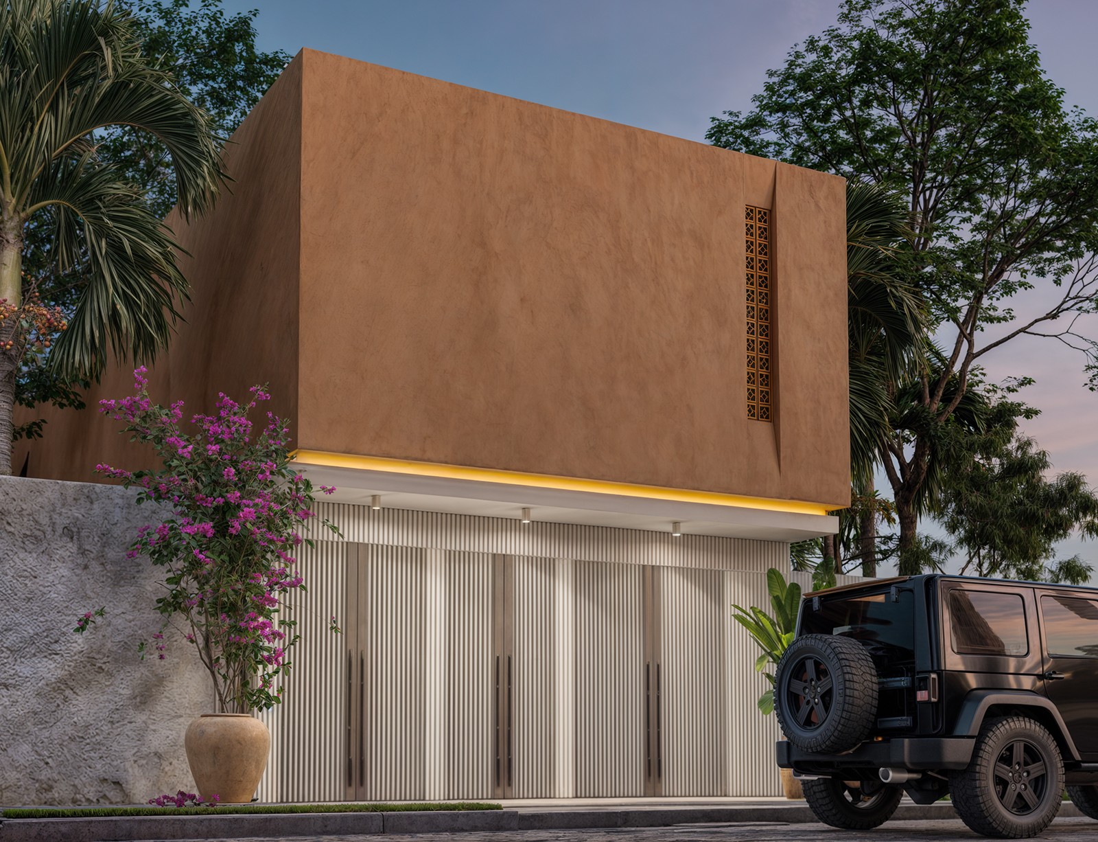 Render nocturno — fachada Las Torres iluminada al atardecer con tira LED bajo el volado