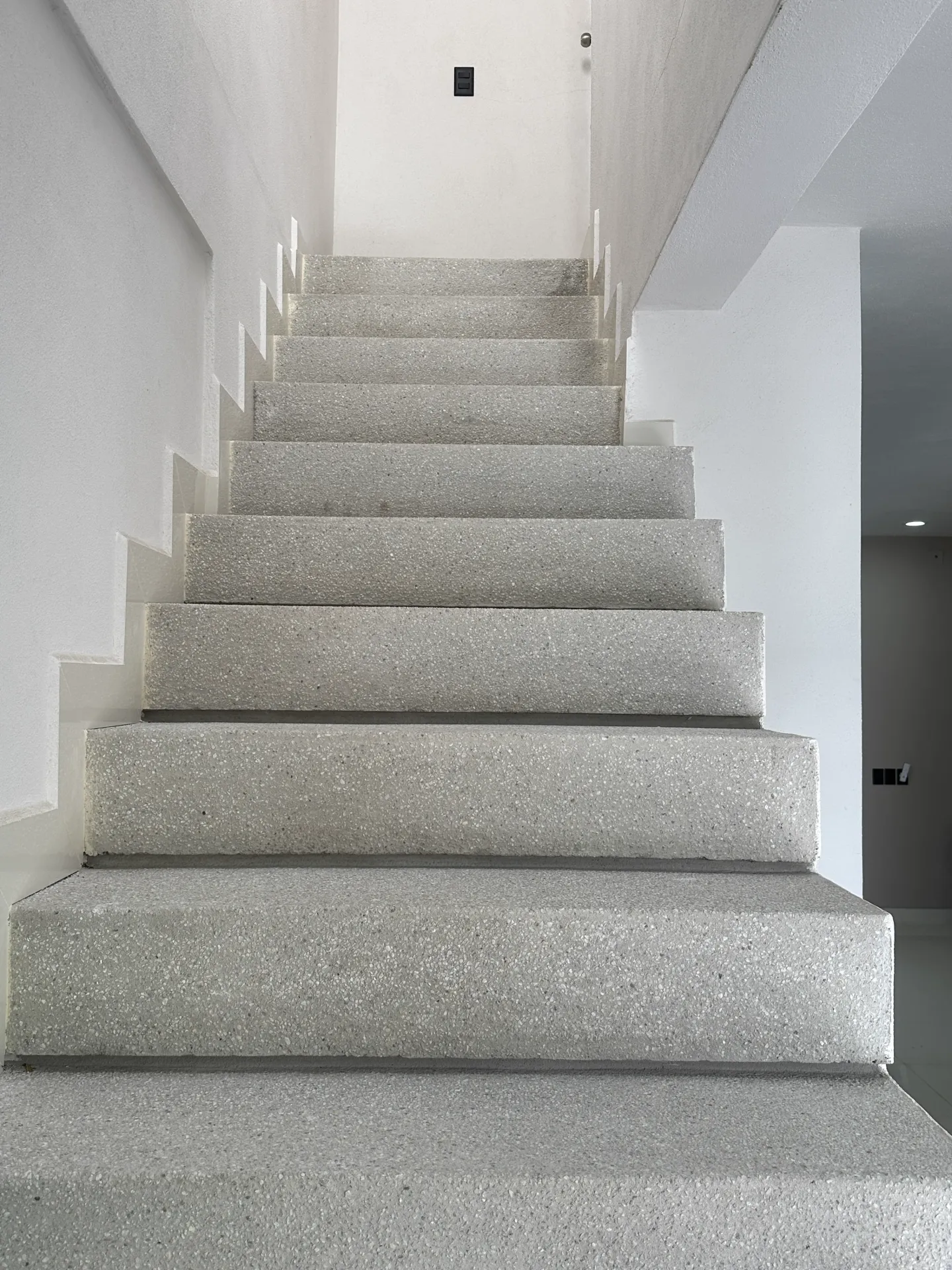 Escalera de terrazzo en perspectiva lateral con iluminación natural — Casa Manglar
