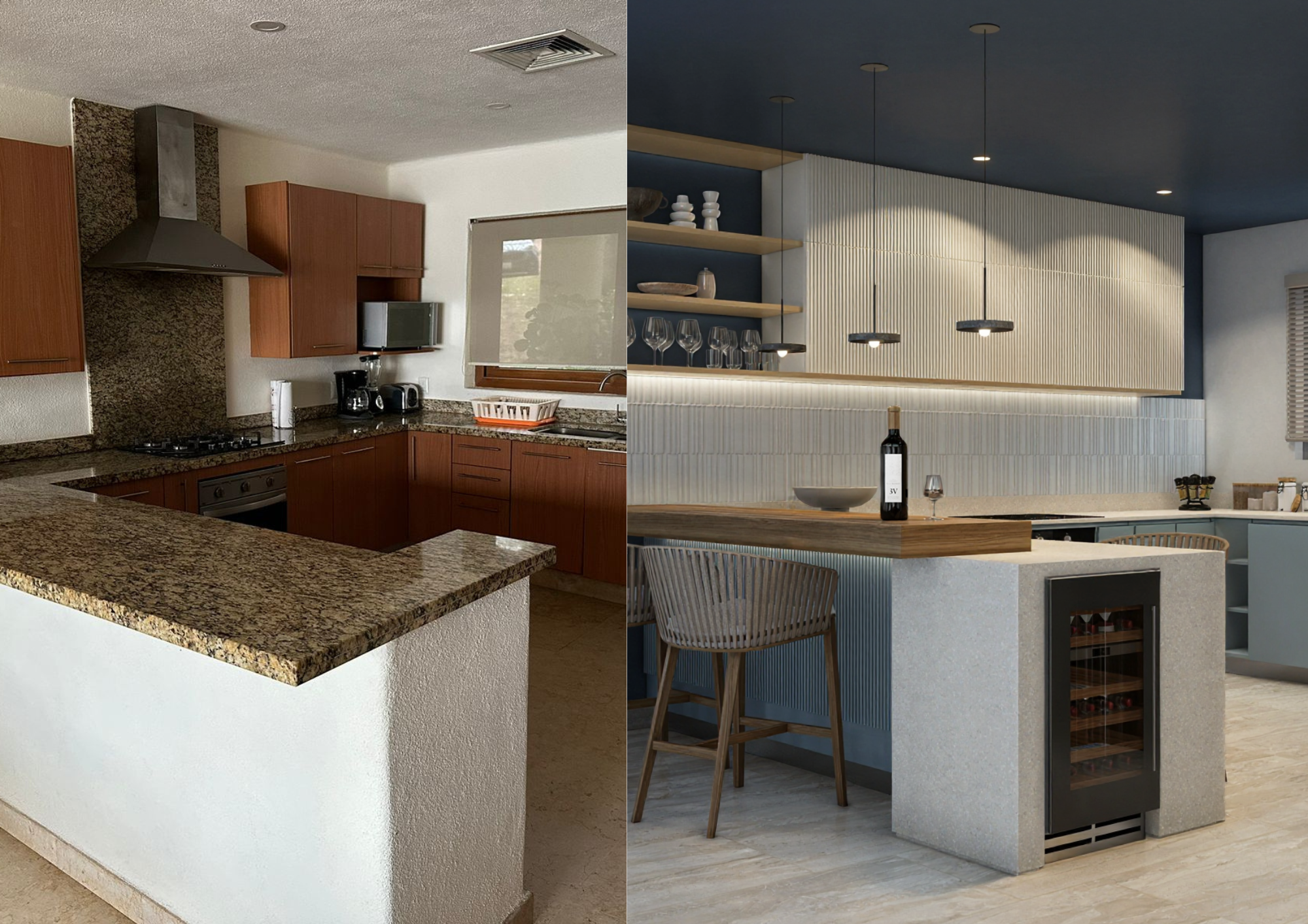 Comparativa cocina — antes granito café y muebles oscuros, después azul marino y vinoteca integrada
