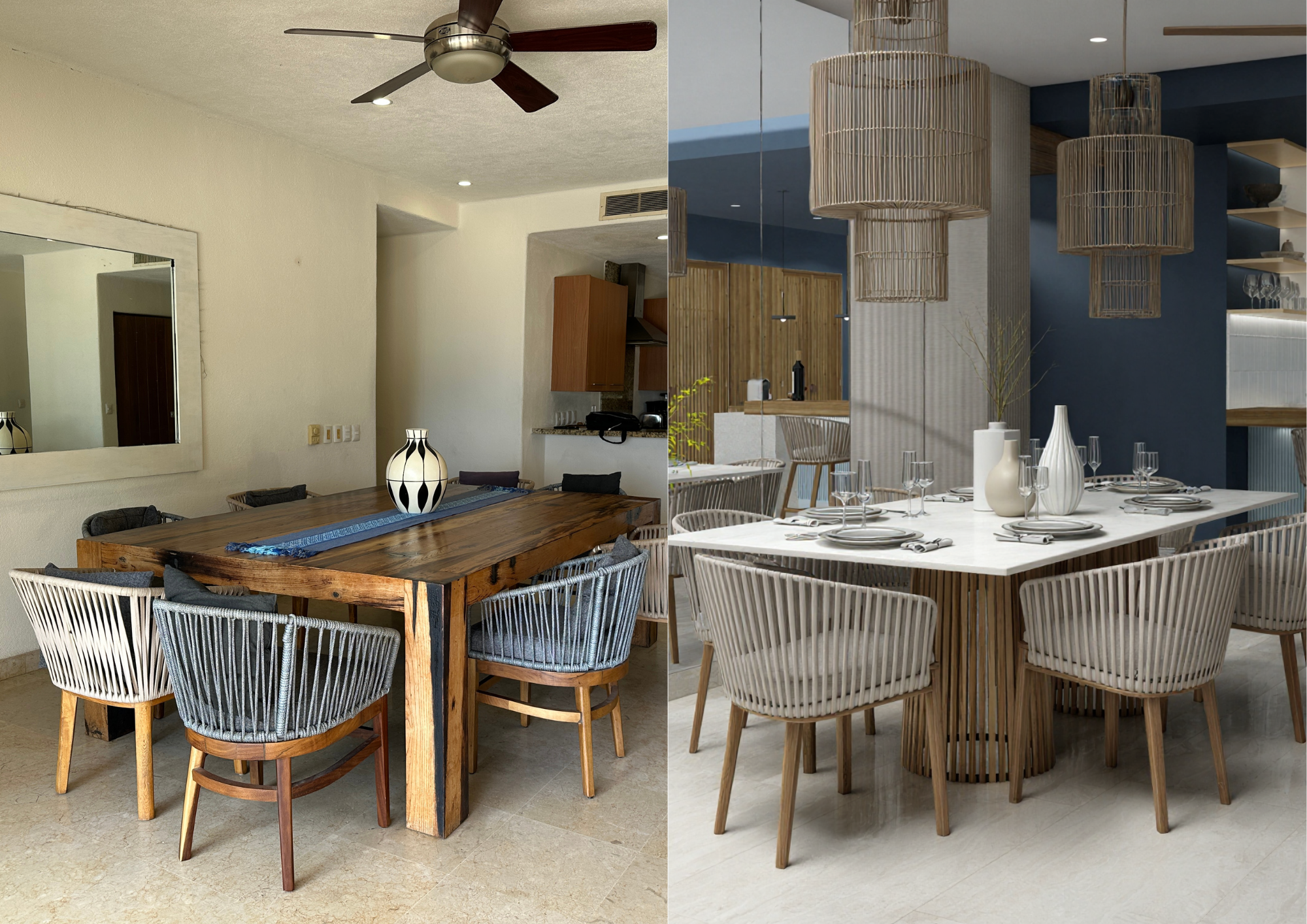 Comparativa comedor — antes mesa rústica, después comedor con lámparas de materiales naturales