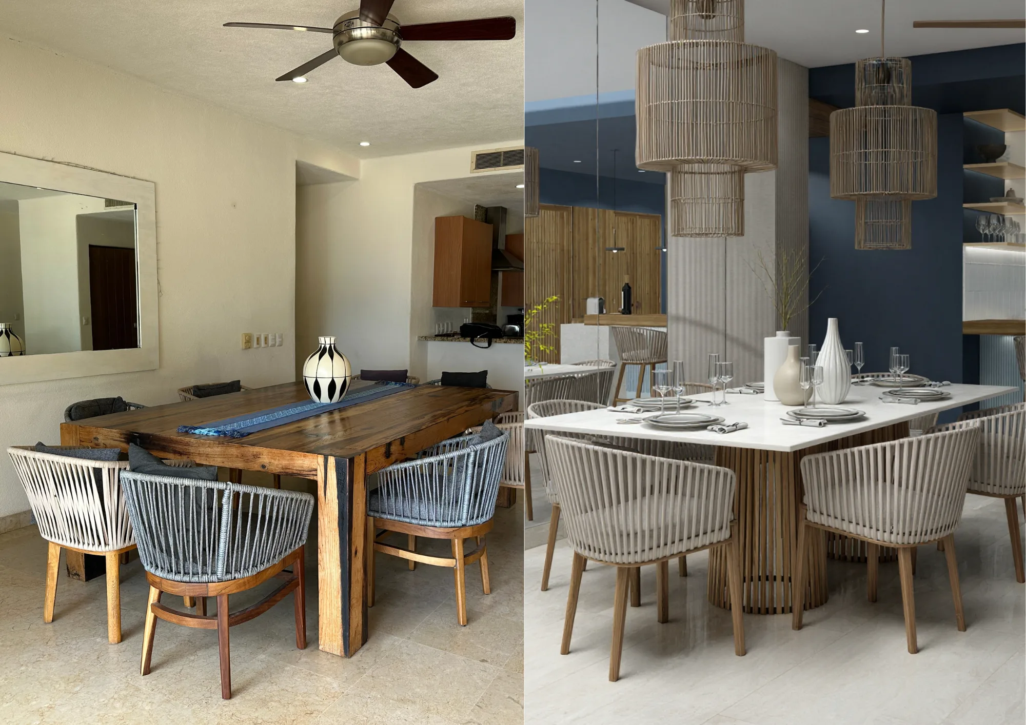 Comparativa comedor — antes mesa rústica, después comedor con lámparas de materiales naturales