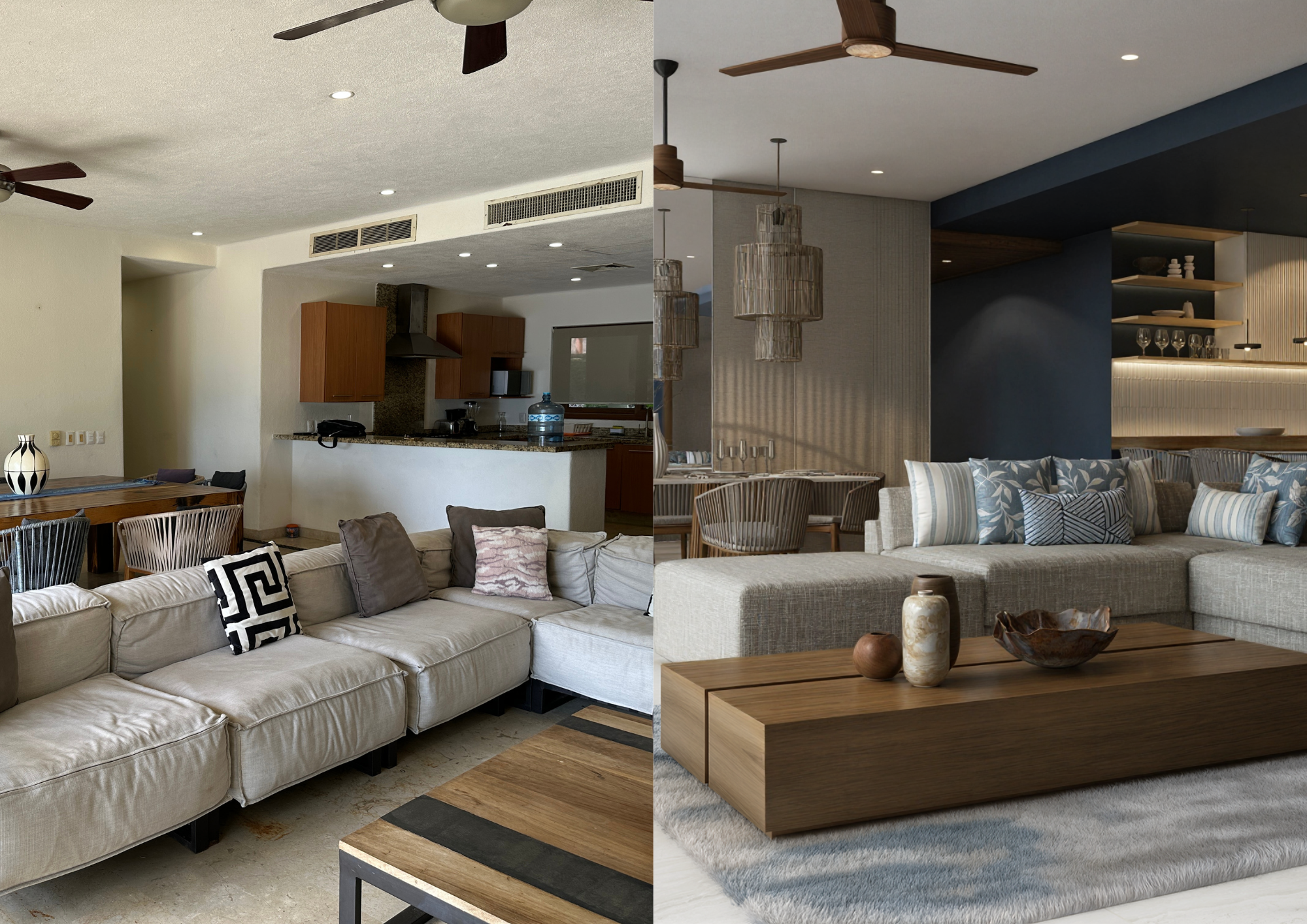 Comparativa sala — antes sala sin unidad, después sala con sofá modular y mesa de madera