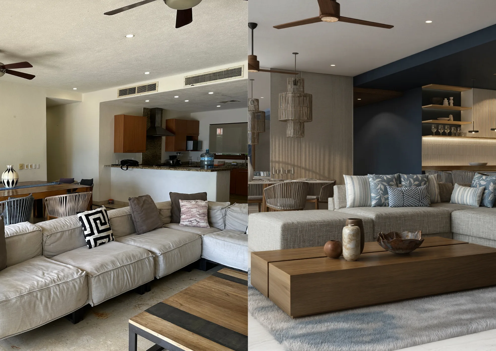 Comparativa sala — antes sala sin unidad, después sala con sofá modular y mesa de madera