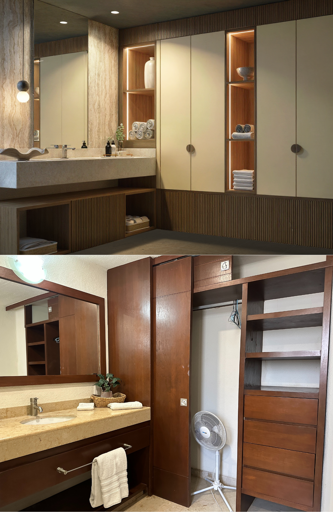 Comparativa baño principal — antes madera oscura y granito, después flotante con nichos iluminados