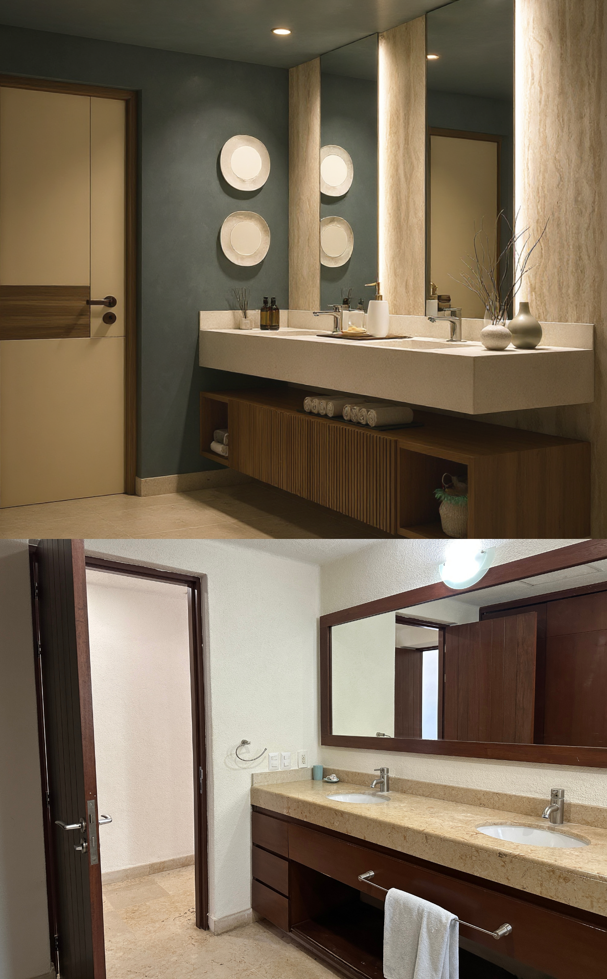 Comparativa baño principal — área de lavabos antes y después