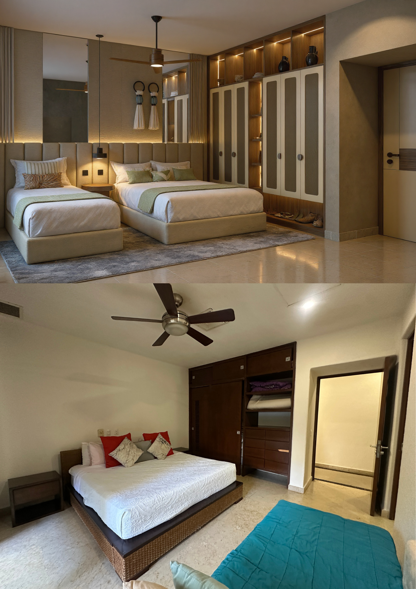 Comparativa recámara 3 — antes camas básicas, después cuarto con cabecera iluminada y closets