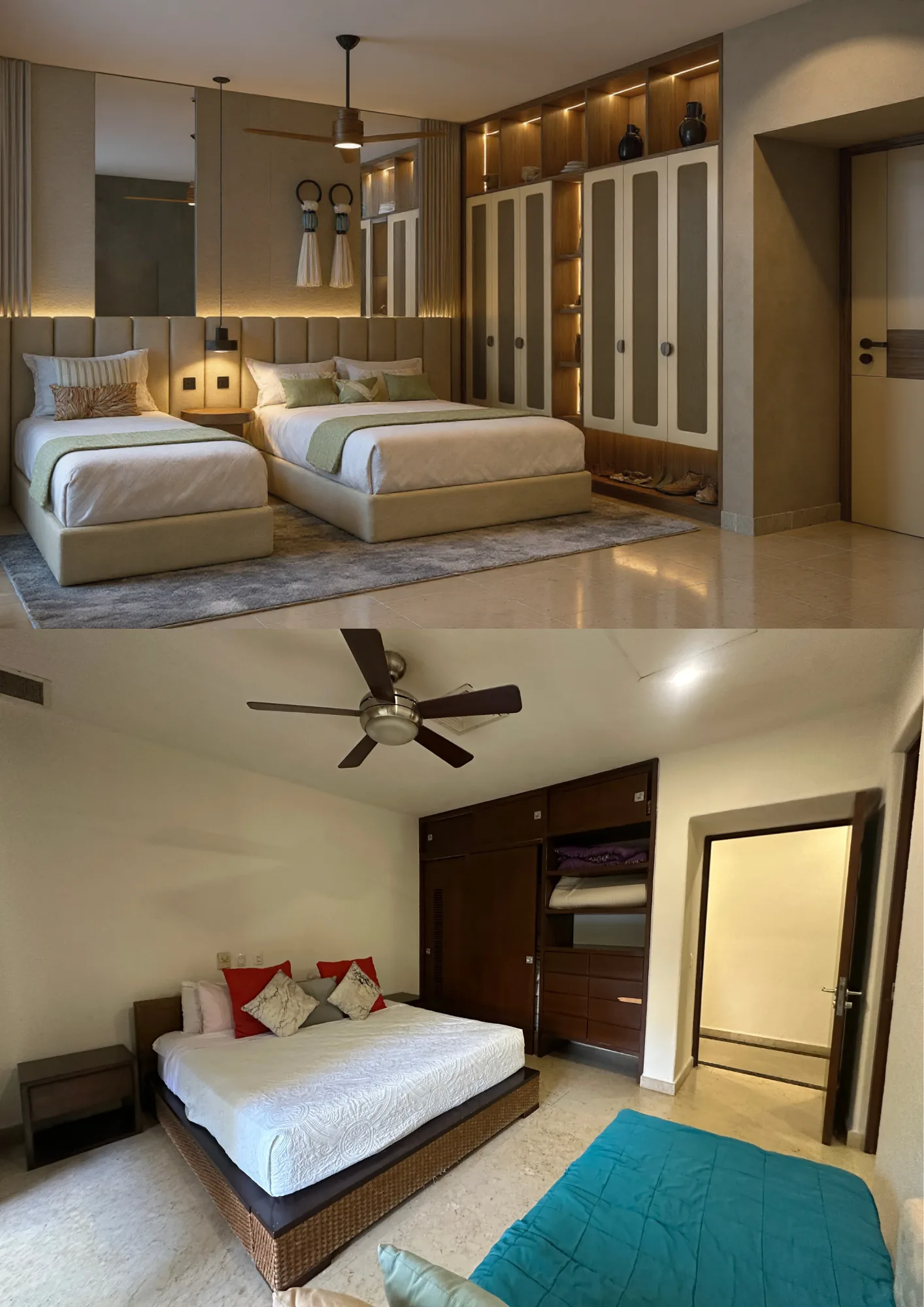 Comparativa recámara 3 — antes camas básicas, después cuarto con cabecera iluminada y closets