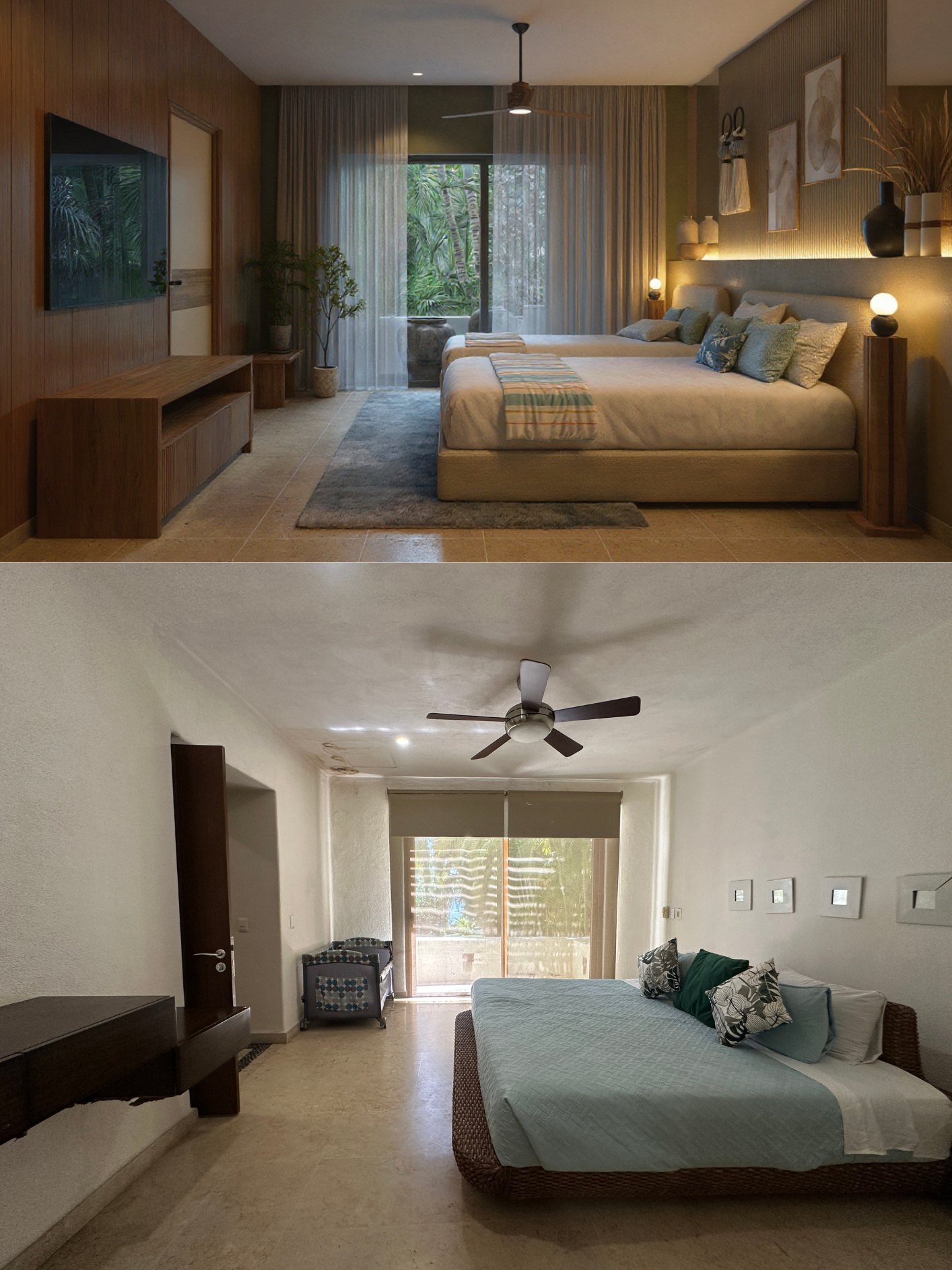 Comparativa recámara principal — antes vacía, después con cama tapizada y vista al jardín