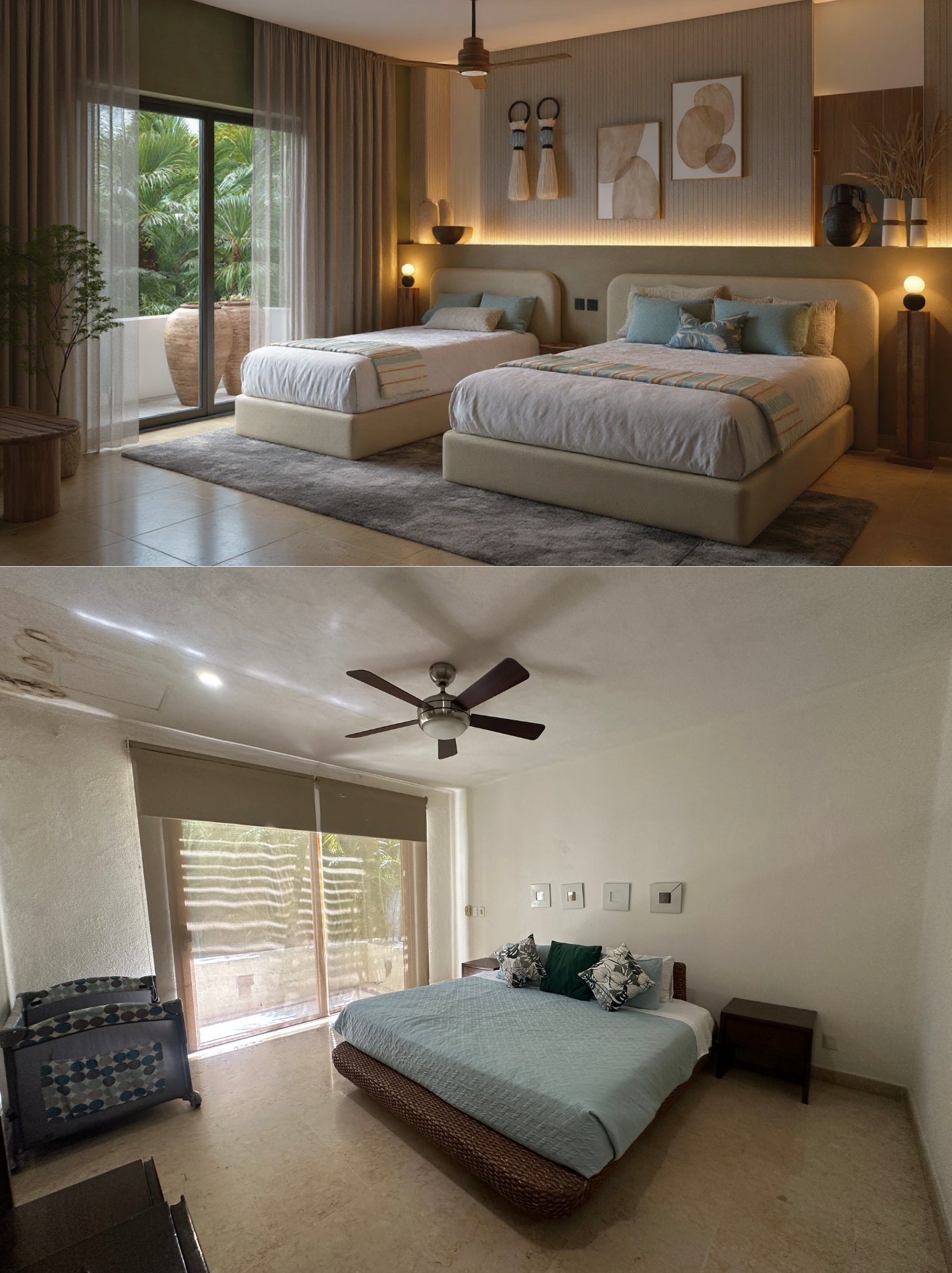 Comparativa recámara 2 — antes básica, después con doble cama y panel de madera
