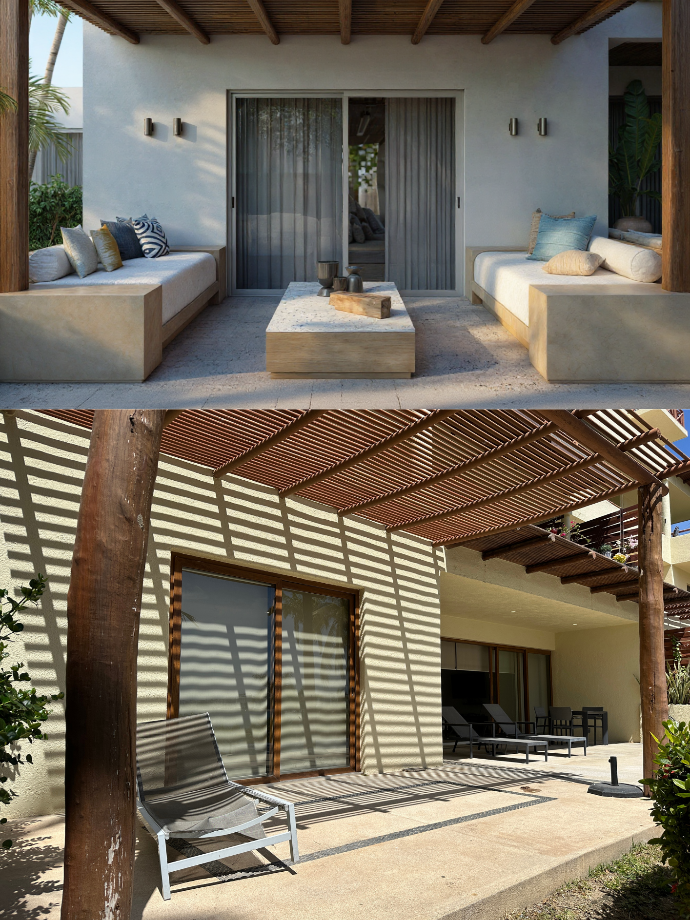 Comparativa terraza — antes pérgola de madera con sillas metálicas, después sofás de concreto