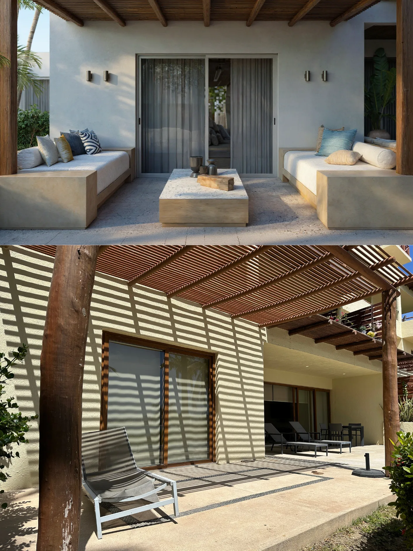 Comparativa terraza — antes pérgola de madera con sillas metálicas, después sofás de concreto
