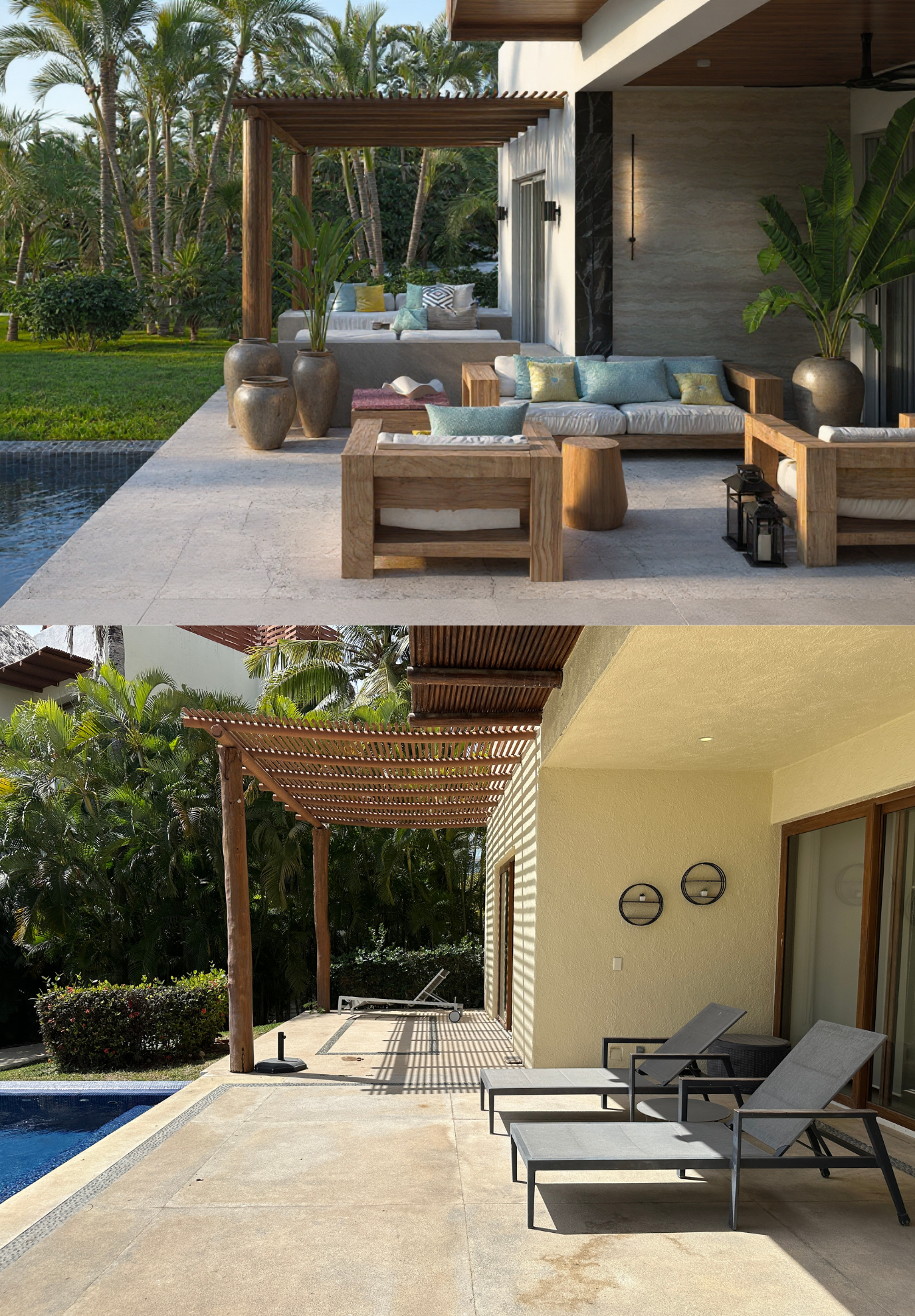 Comparativa terraza con alberca — antes básica, después con lounge y vegetación tropical