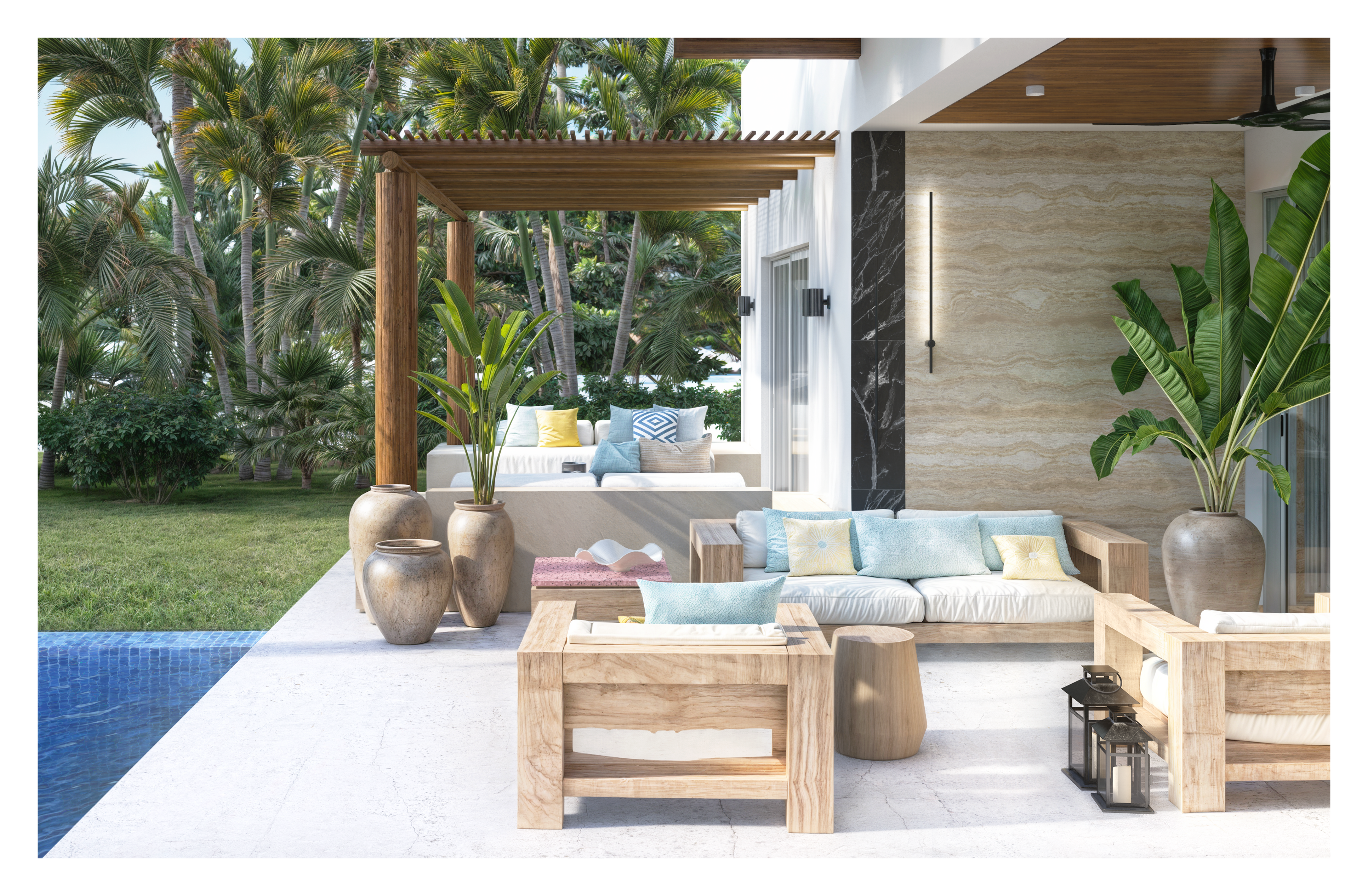 Punta Esmeralda Mar 2 — terraza exterior con alberca, pérgola y área lounge, Cruz de Huanacaxtle